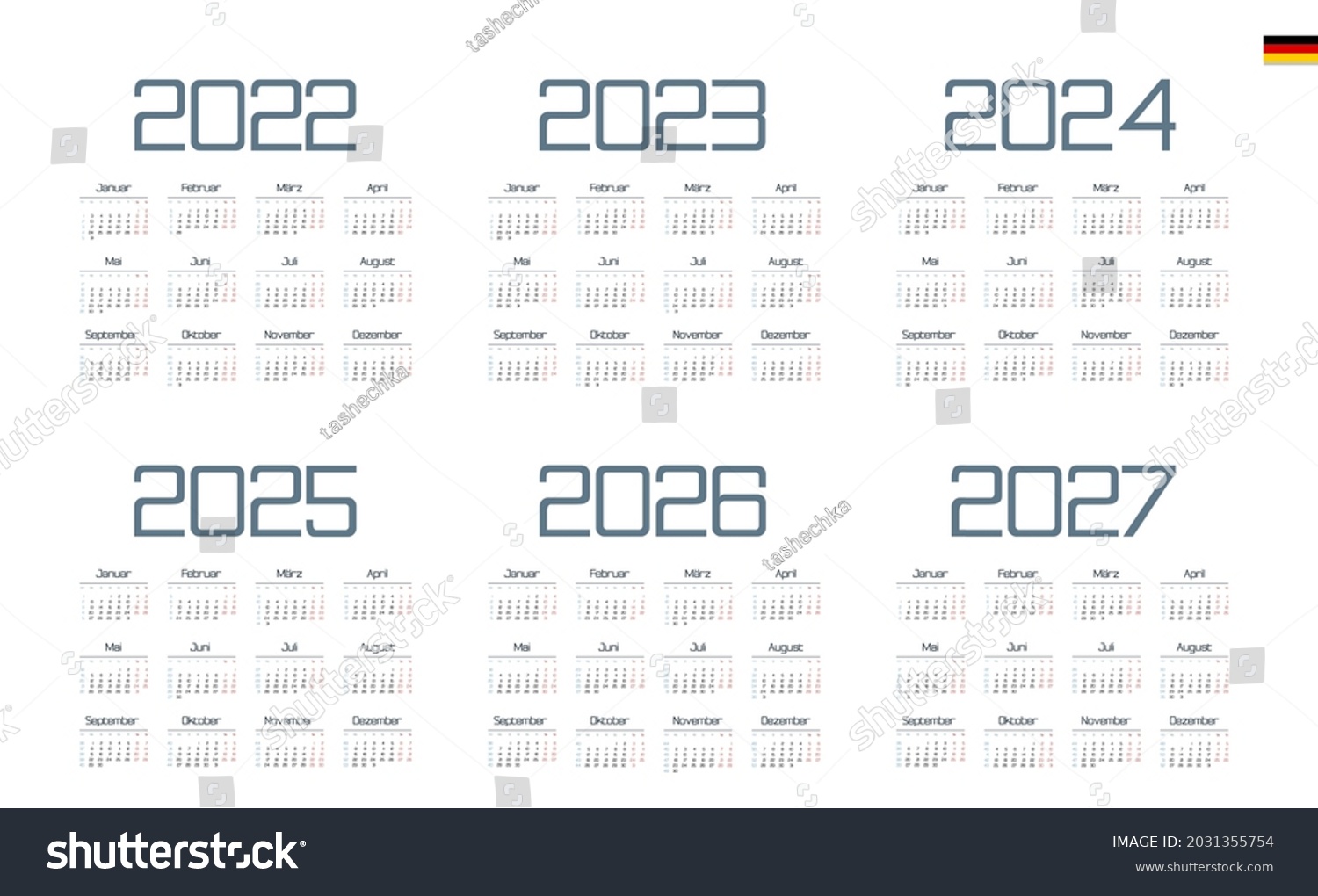 German Calendar 2022 2023 2024 2025 Arkivvektor (royaltyfri) 2031355754