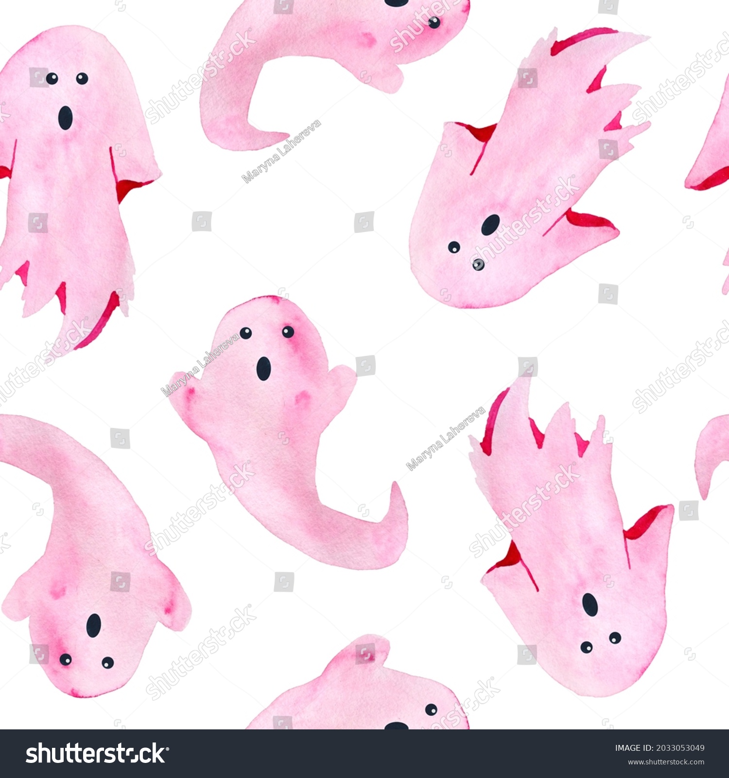 Hand Drawn Watercolor Seamless Pattern Halloween Stock Illustration   Stock Photo Hand Drawn Watercolor Seamless Pattern Of Halloween Fall Autumn Pastel Soft Pink Ghosts Apparitions 2033053049 