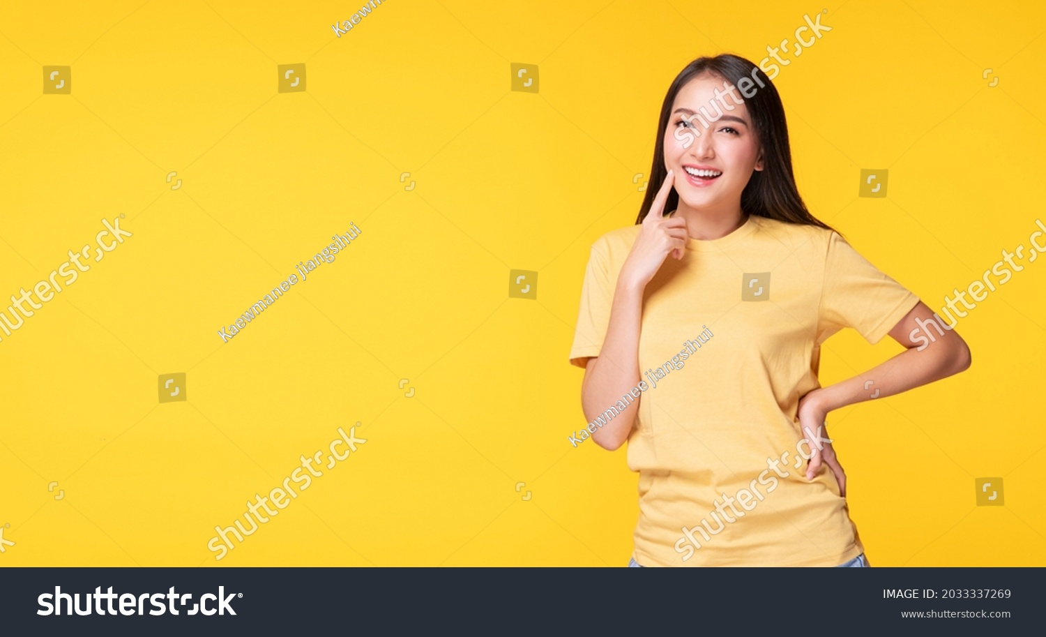 Cheerful Asian Model Woman Use Finger Stock Photo Shutterstock