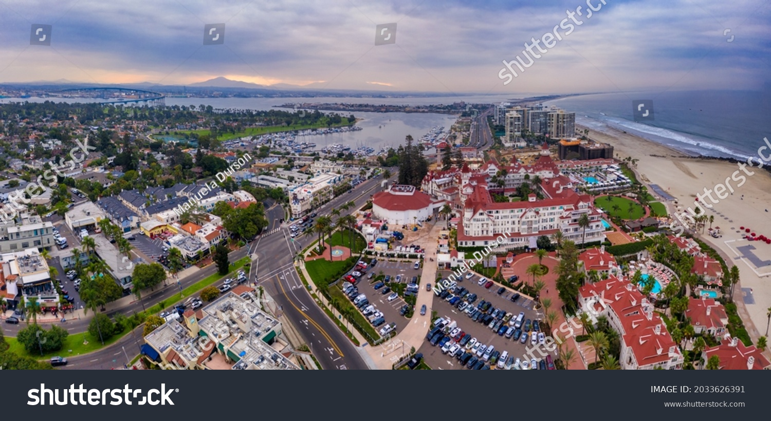 Aerial Panorama Hotel Del Coronado Other Stock Photo 2033626391   Stock Photo Aerial Panorama Of Hotel Del Coronado And Other Buildings In Coronado California High Quality 2033626391 