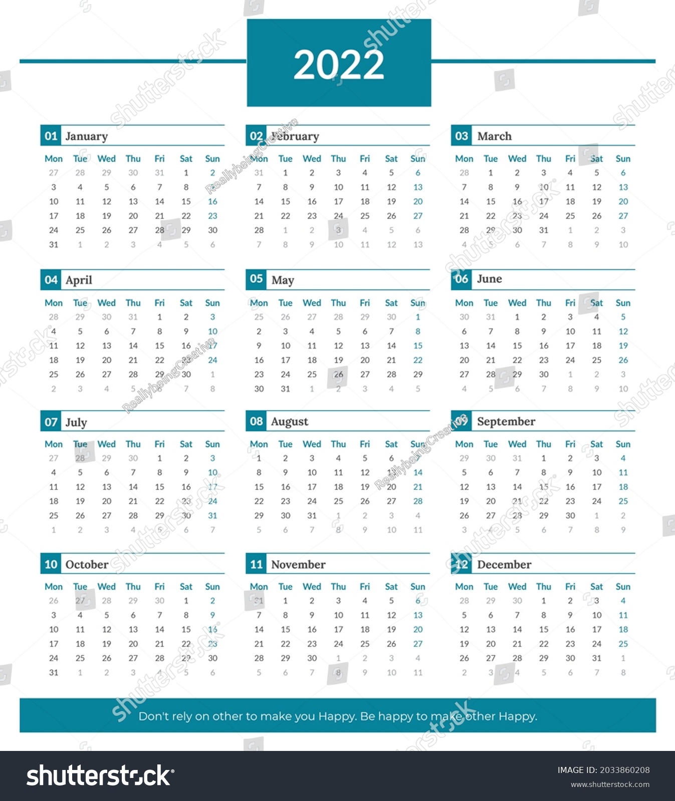 2022 Calendar Week Starting Monday Simple Stock Illustration 2033860208 ...