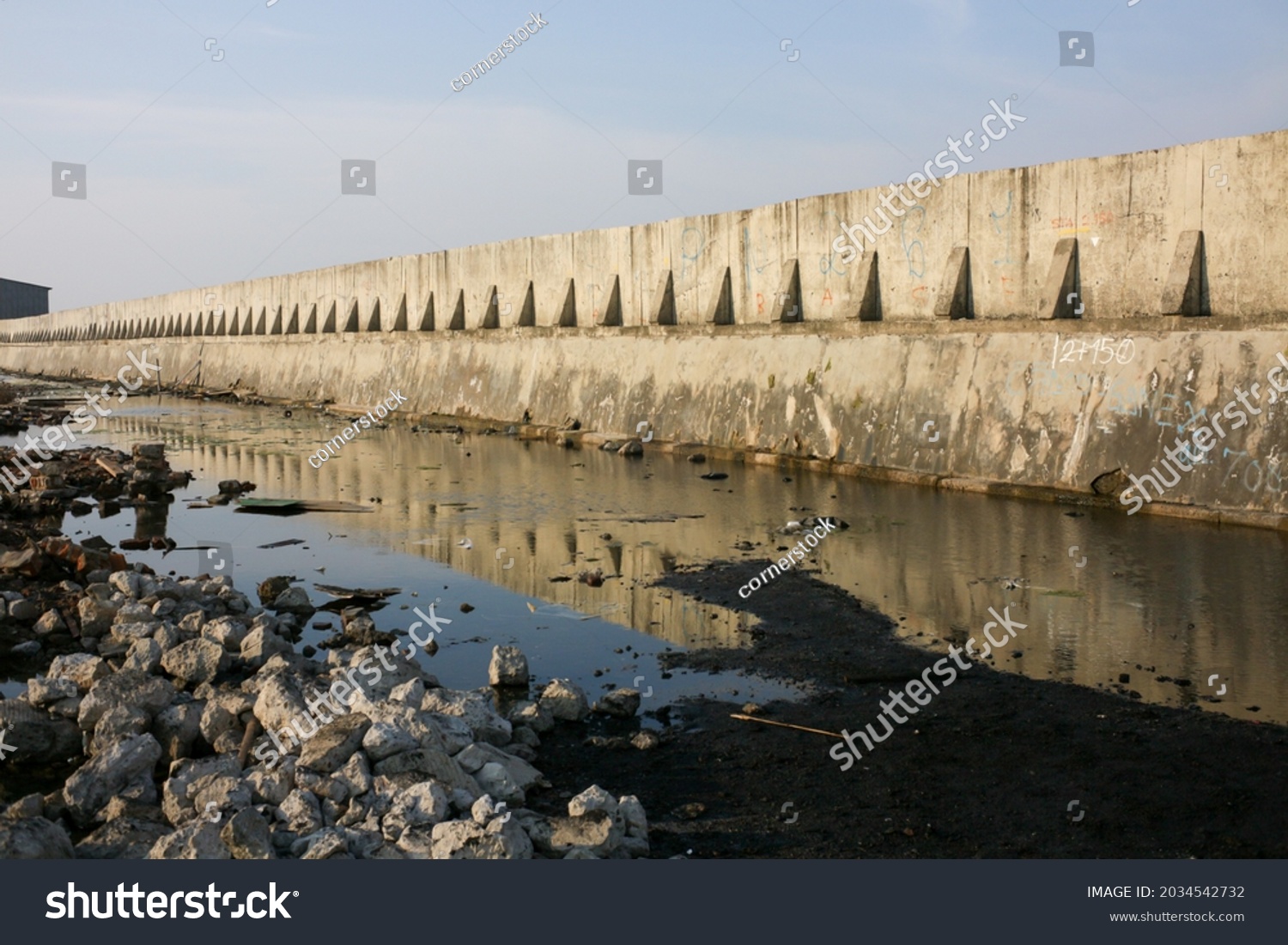 Sea Wall Made Concrete Prevent Water Stock Photo 2034542732 