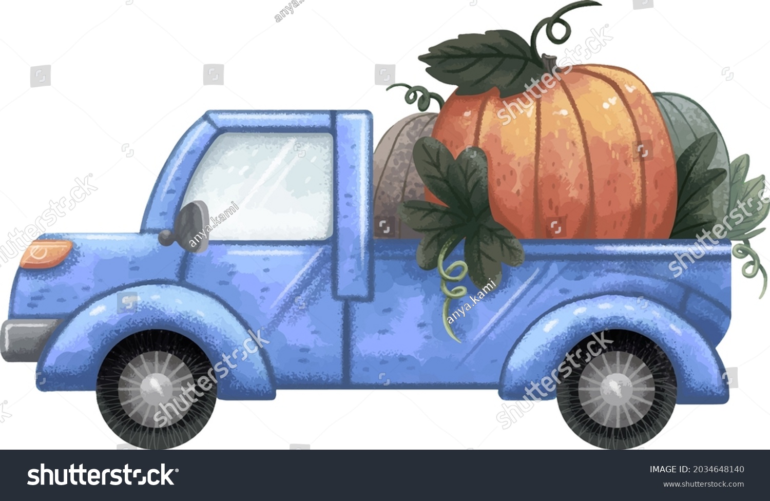 Illustration Blue Truck Pumpkins Back Harvest Stock Vector (Royalty