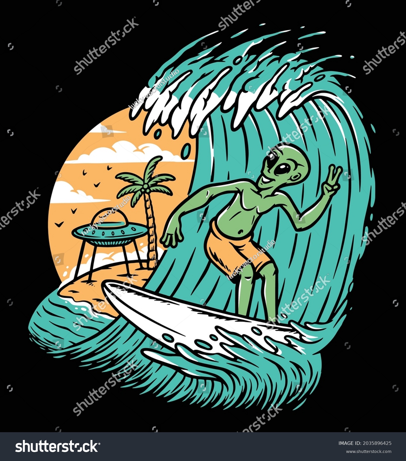 Aliens Surfing On Beach Illustration Stock Vector (royalty Free 