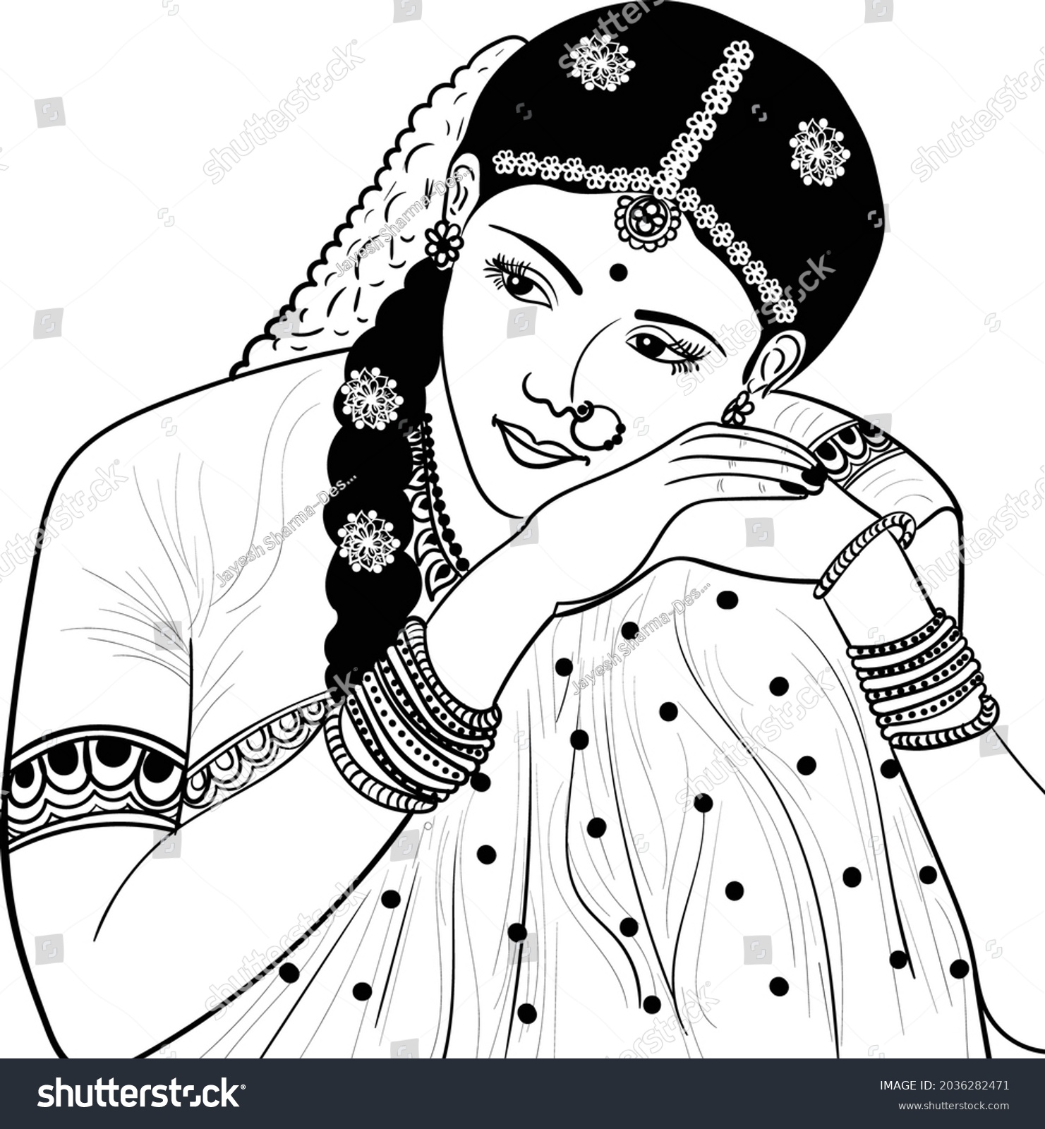 Indian Bride Black White Line Drawing Stock Vector (Royalty Free ...