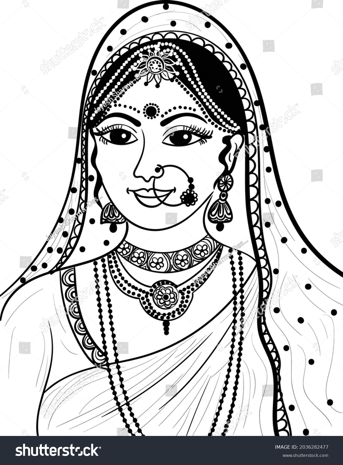 Indian Bride Black White Line Drawing Stock Vector (Royalty Free ...