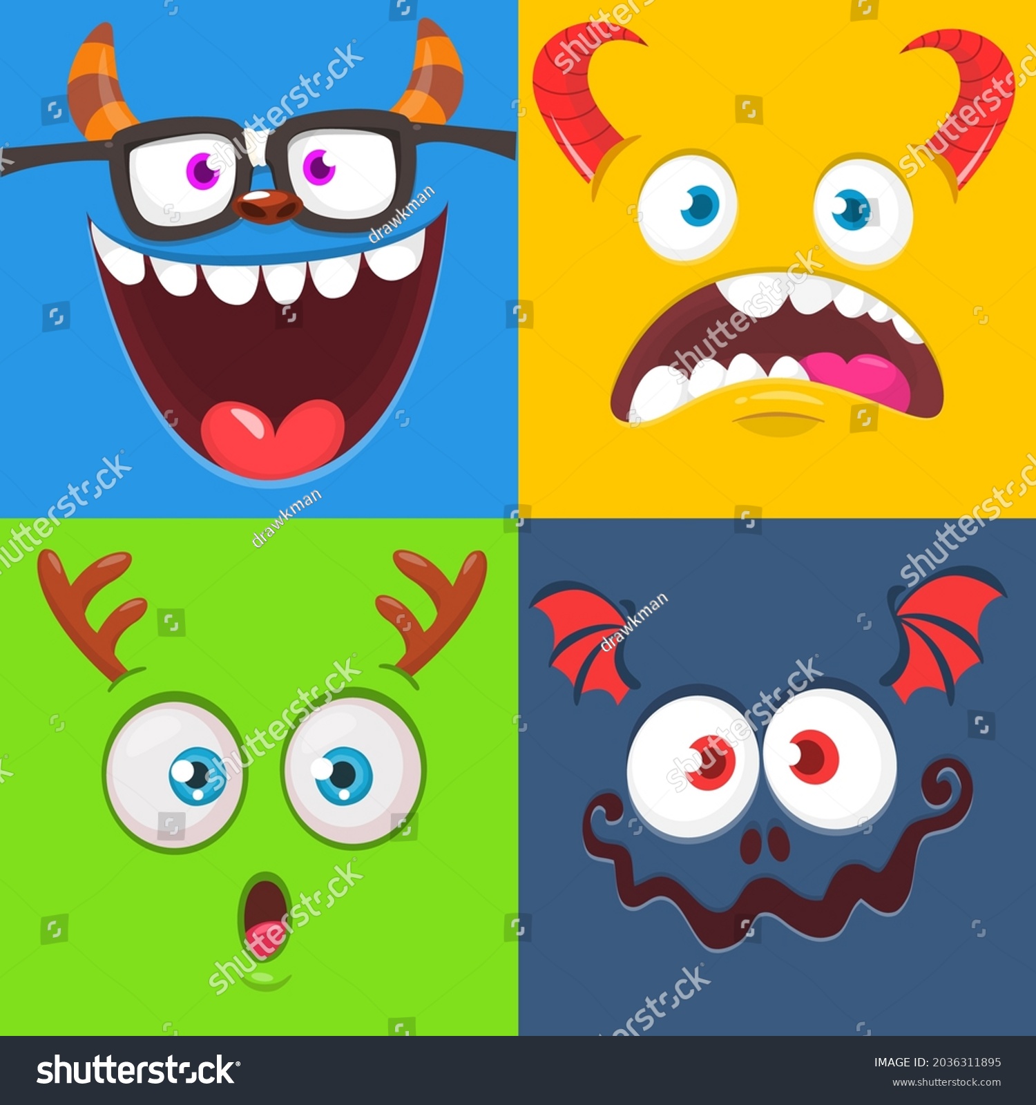 Funny Cartoon Monster Faces Emotions Set Stock Vector (Royalty Free ...