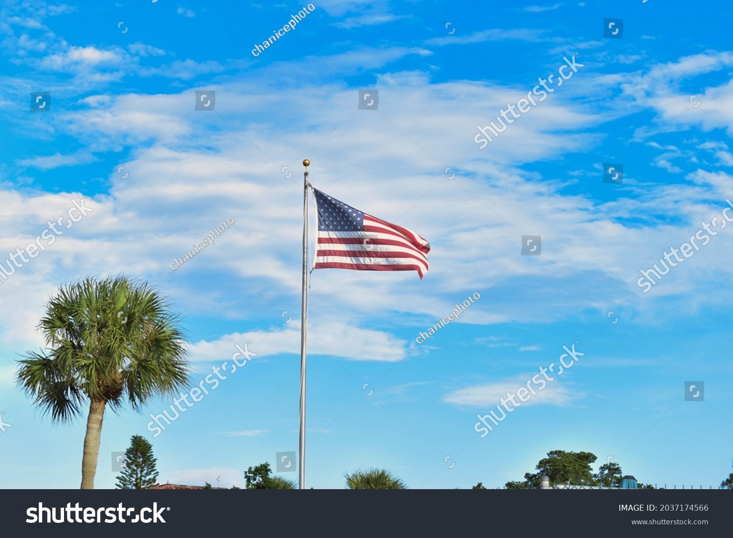 American Flag Blue Sky Background Stock Photo 2037174566 | Shutterstock