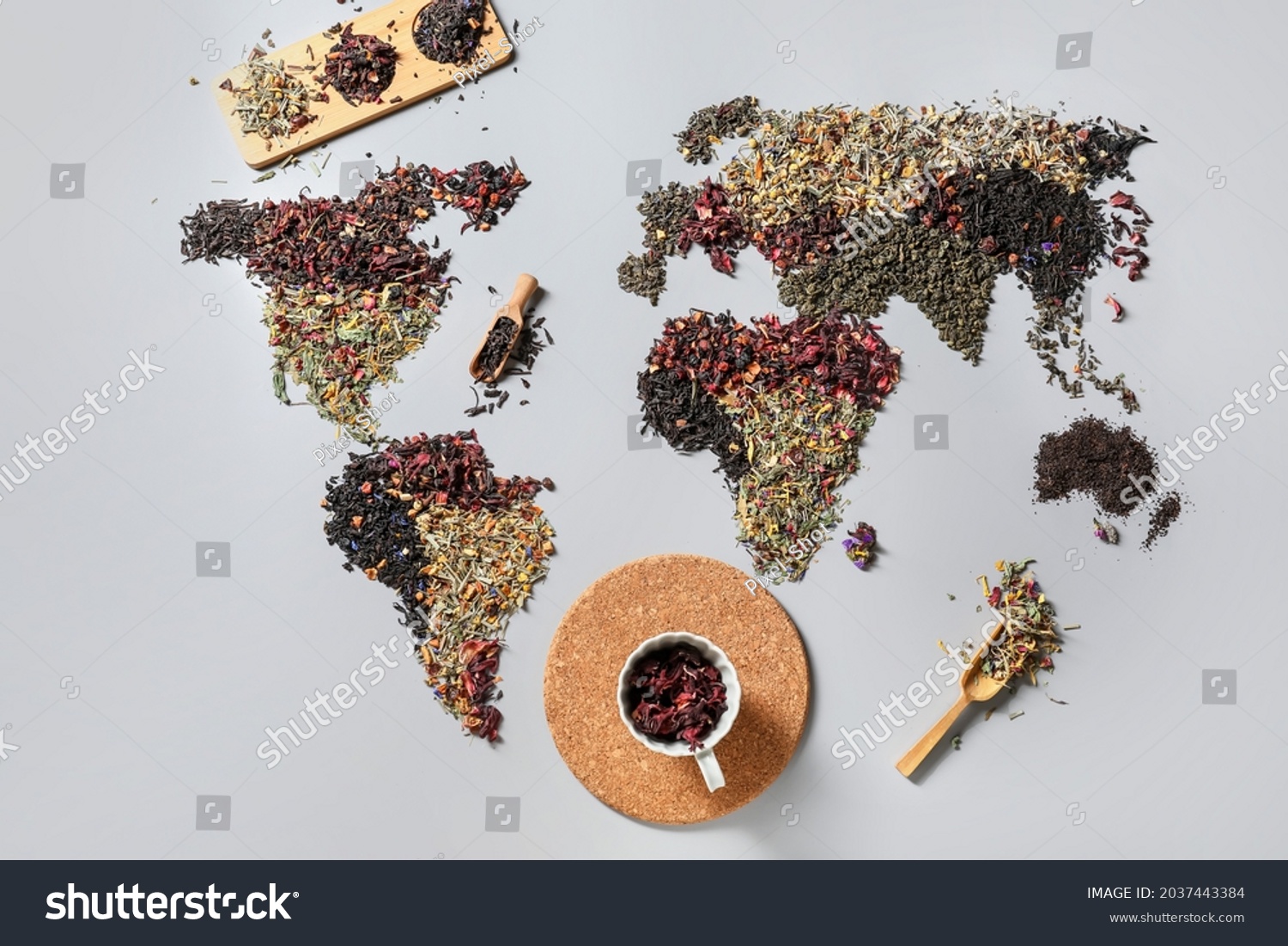 World Map Made Different Sorts Tea Stock Photo 2037443384 Shutterstock   Stock Photo World Map Made Of Different Sorts Of Tea And Cup With Dry Hibiscus On Light Background 2037443384 