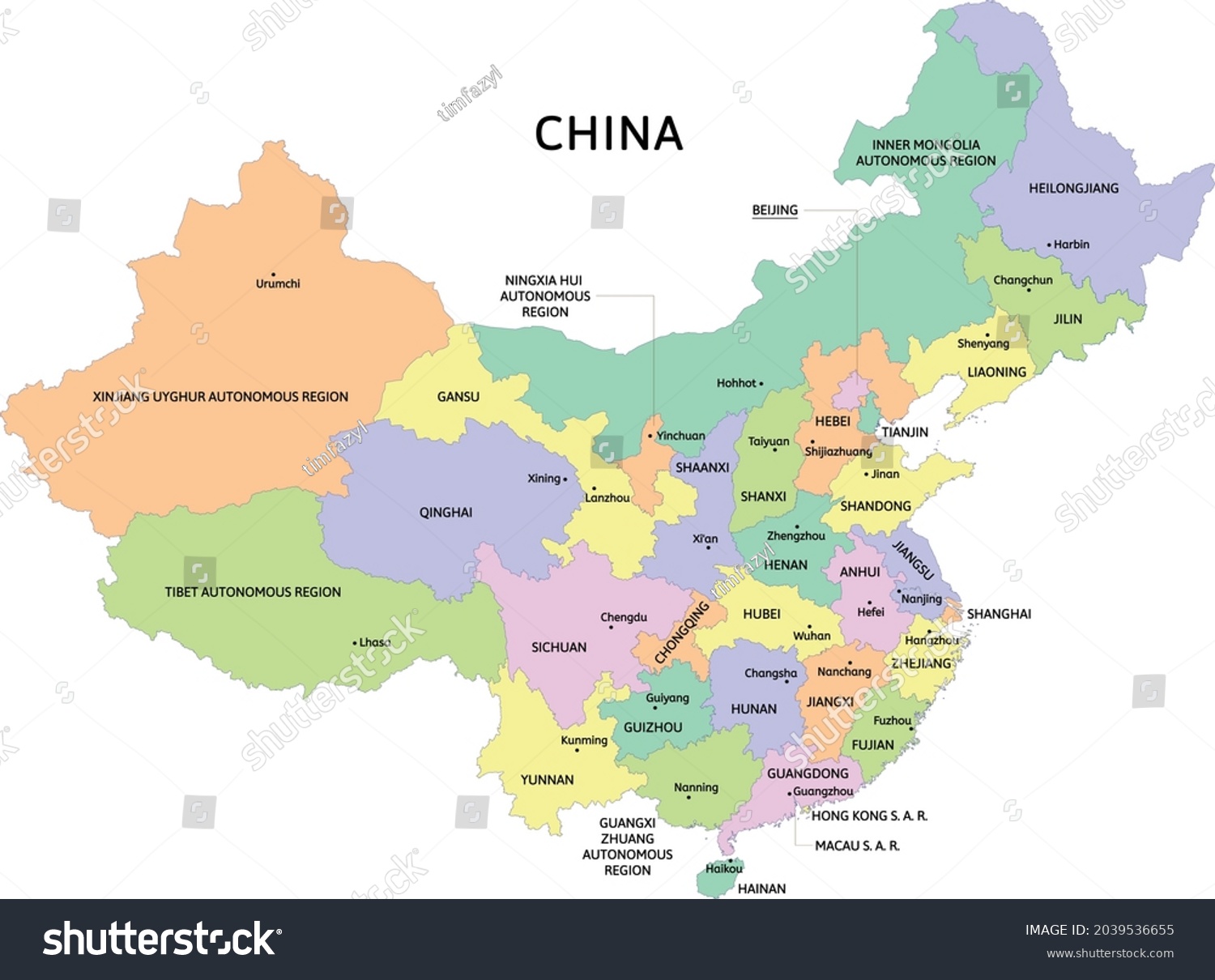 China Administrative Map Provinces Capital Cities Stock Vector (Royalty ...