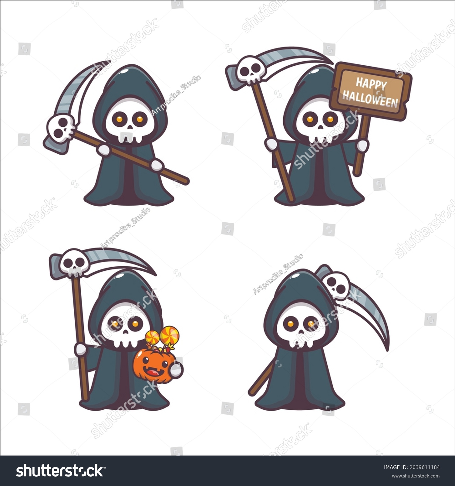 Cute Grim Reaper Cartoon Illustrationcute Halloween Stock Vector ...