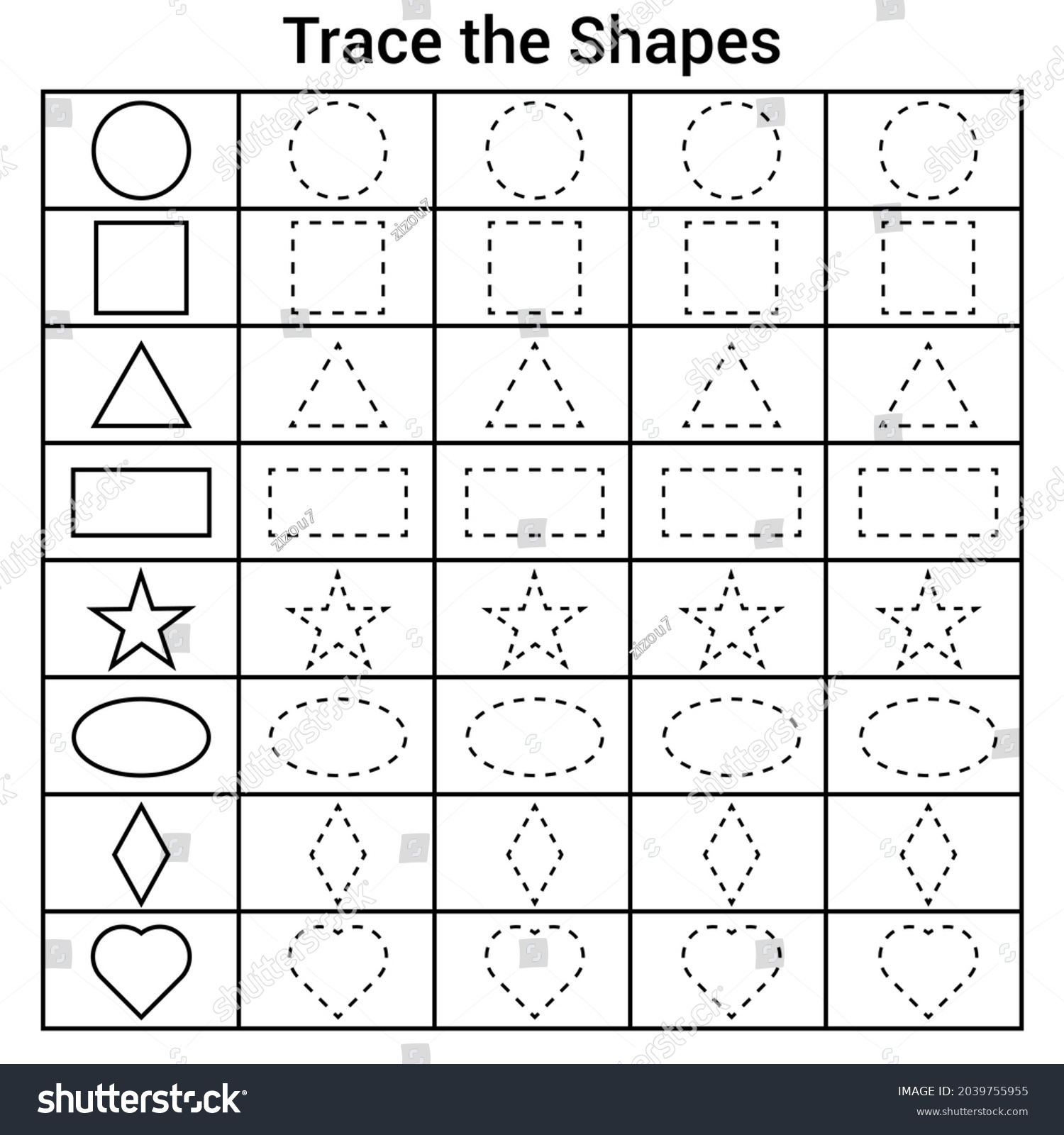 Trace Shapes Worksheet Preschool Kindergartens Educational Stock Vector ...