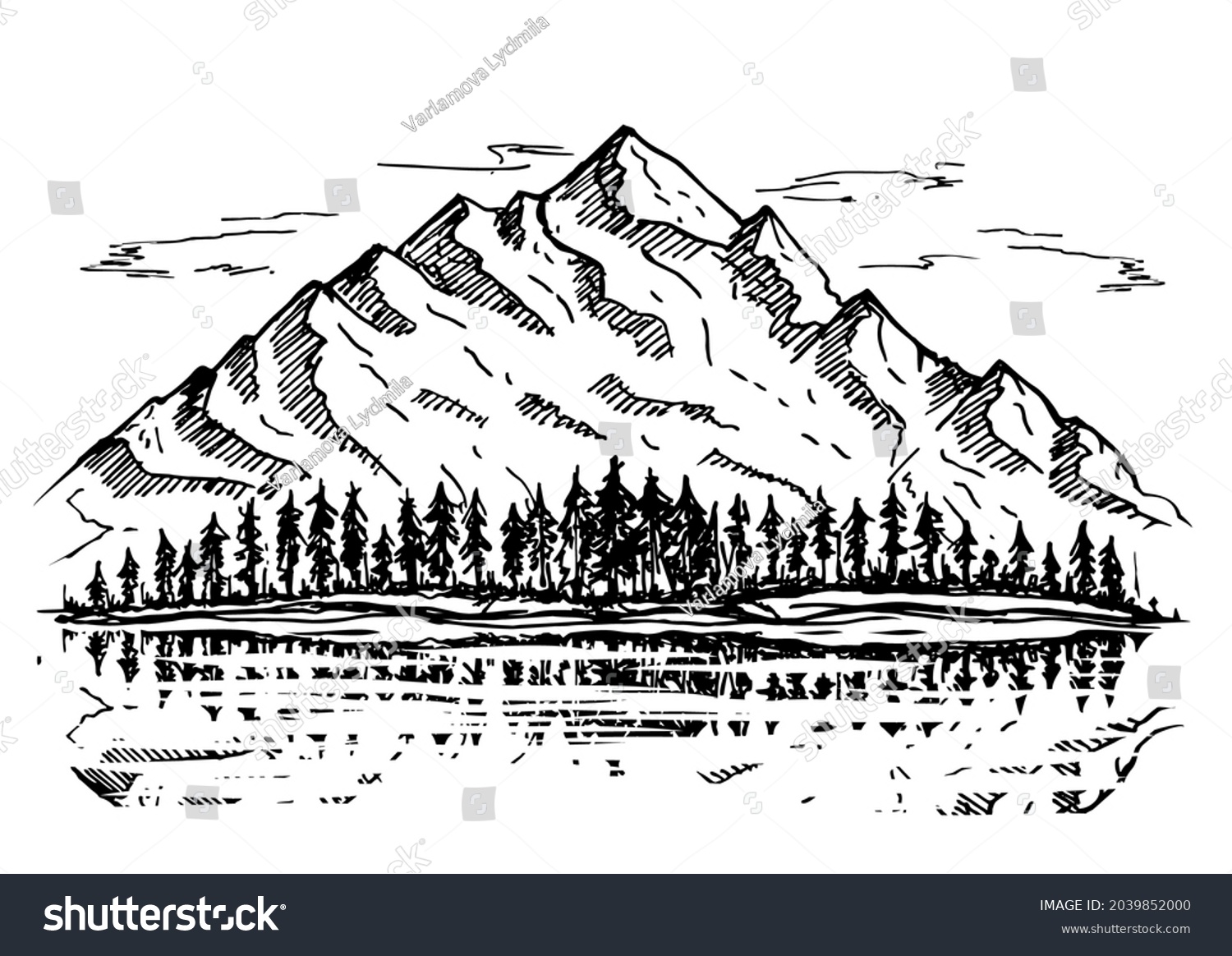 Wild Natural Landscape Mountains Lake Pines Stock Vector (Royalty Free ...