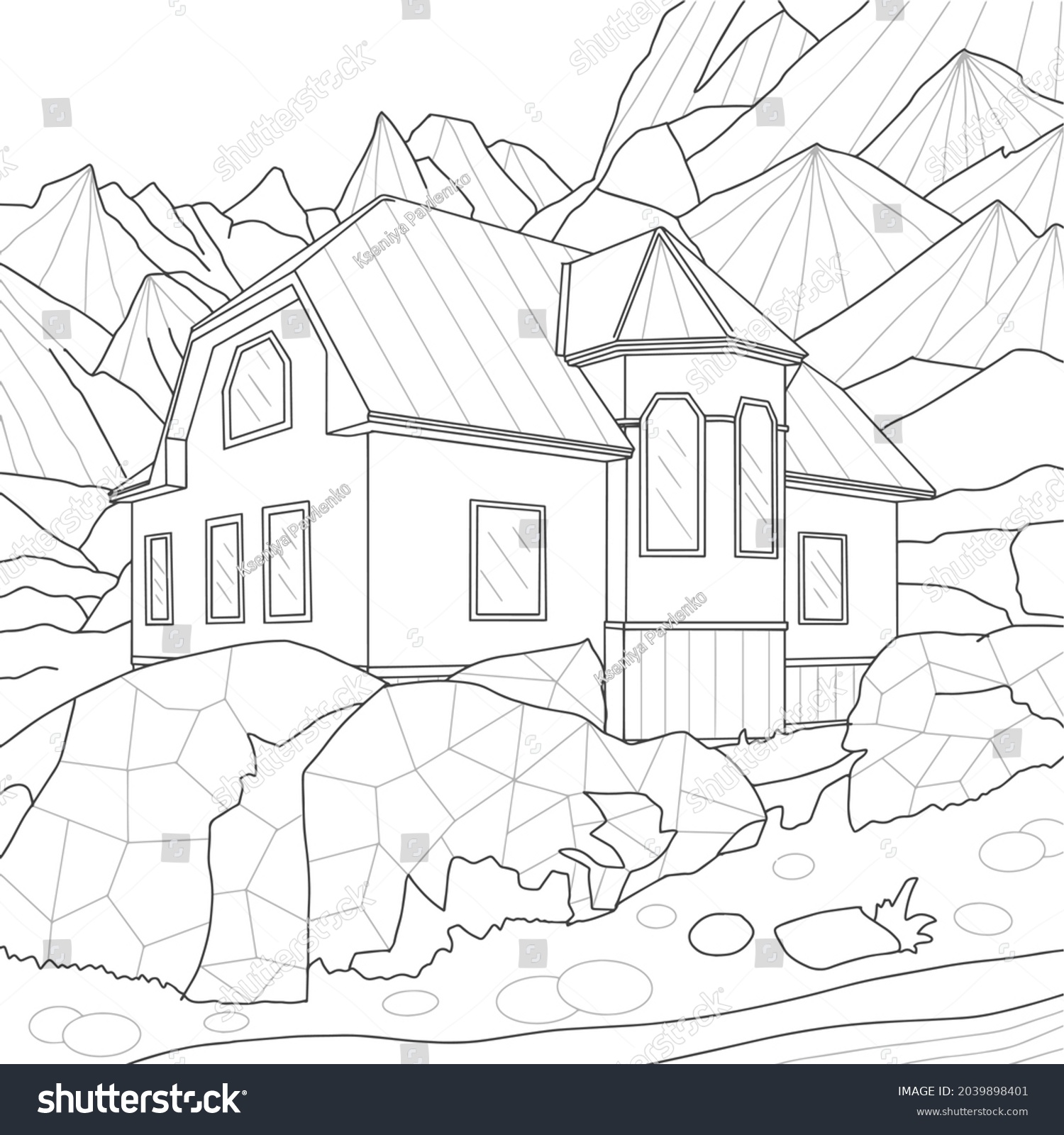 Coloring Book Antistress House Mountains Rocks Stock Vector (Royalty ...