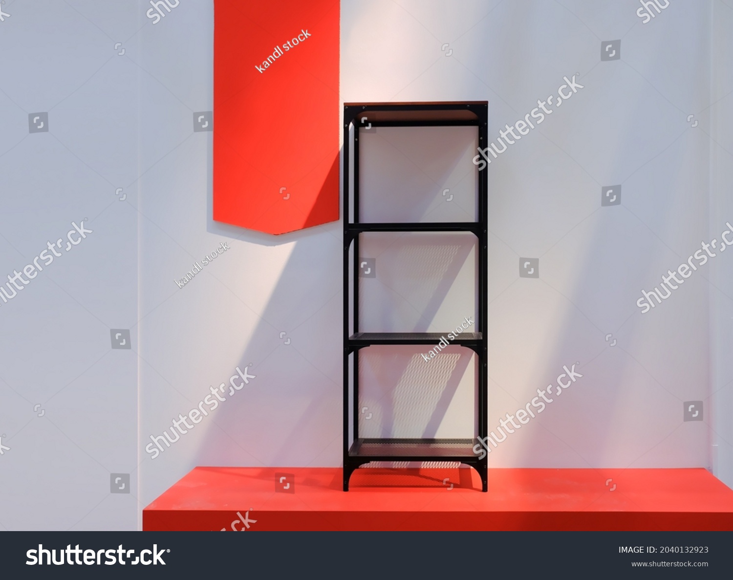 Simple Modern Metal Black Shelf Unit Stock Photo 2040132923 Shutterstock   Stock Photo Simple Modern Metal Black Shelf Unit On Red Platform Against White Wall Blank Sales Arrow Banner 2040132923 