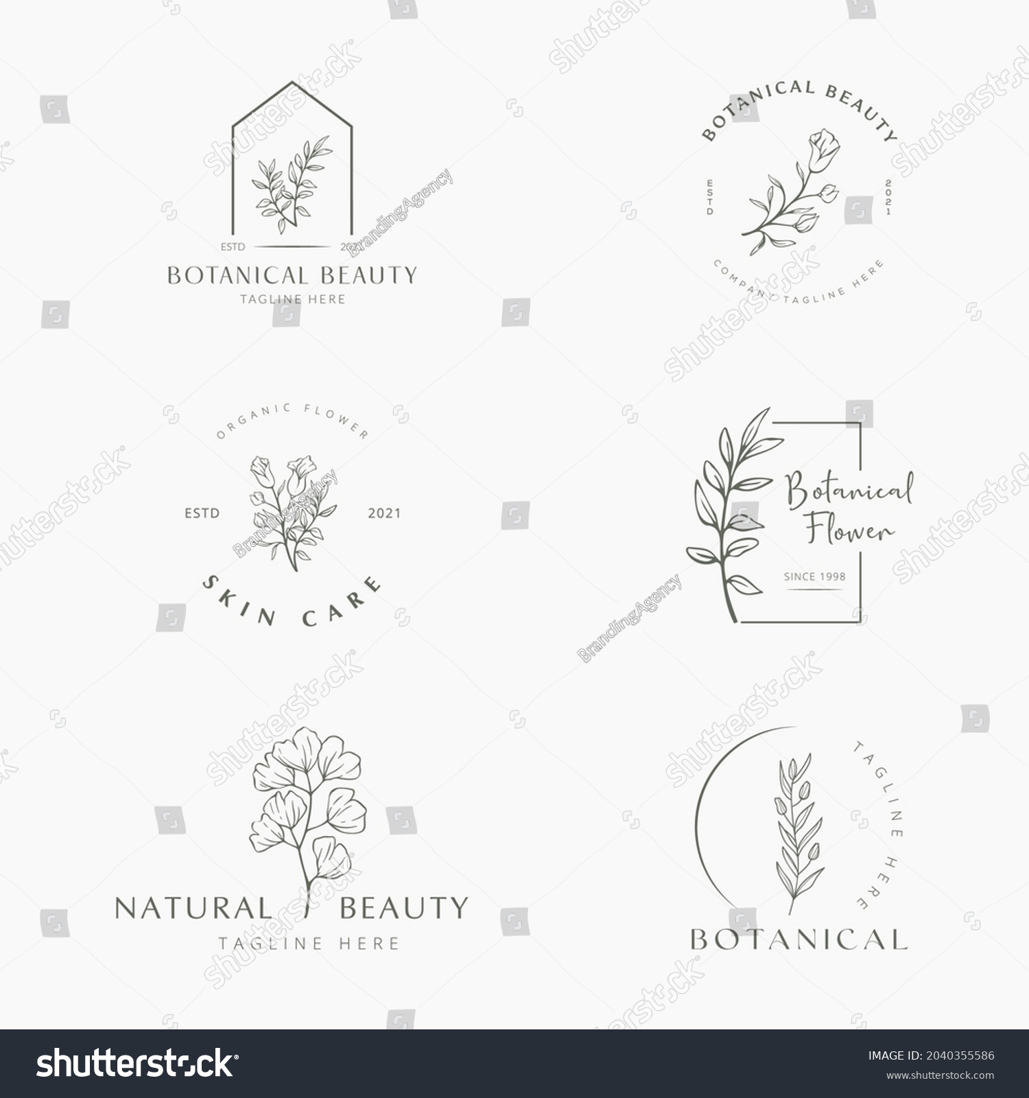 Botanical Floral Element Hand Drawn Logo Stock Vector (Royalty Free ...