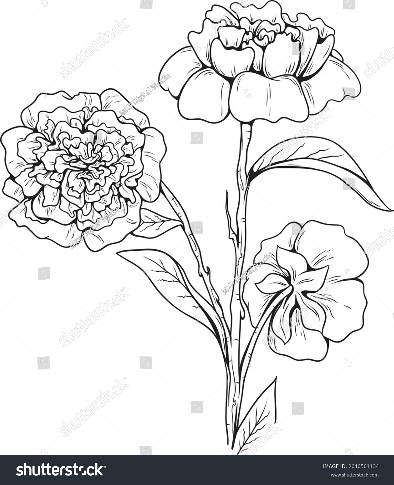 Sketch Bouquet Flowers Peonies Stock Vector (Royalty Free) 2040501134 ...
