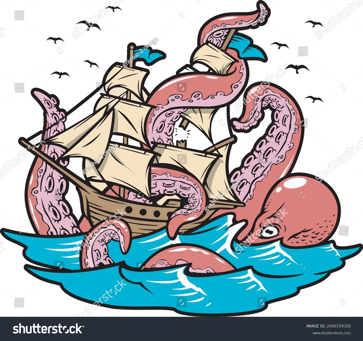 Octopus Attacking Ship Vector Illustration Stock Vector (Royalty Free ...