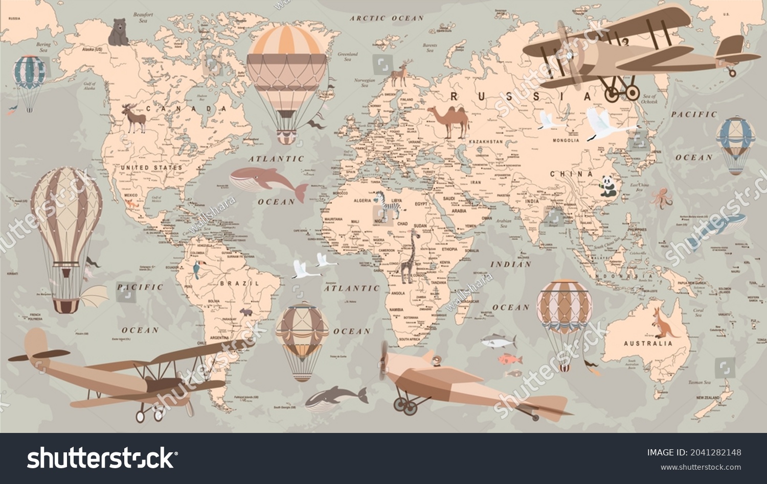 Mapa Del Mundo Infantil Retro Con: Ilustración De Stock 2041282148 ...