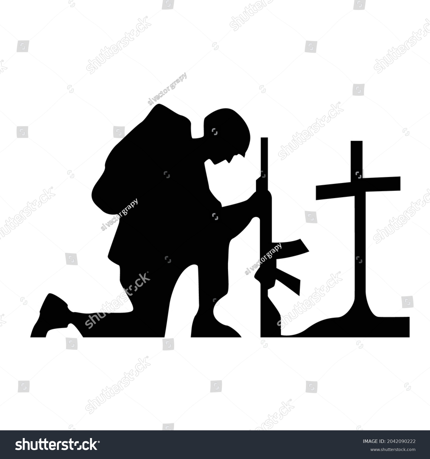 soldier kneeling at cross drawings