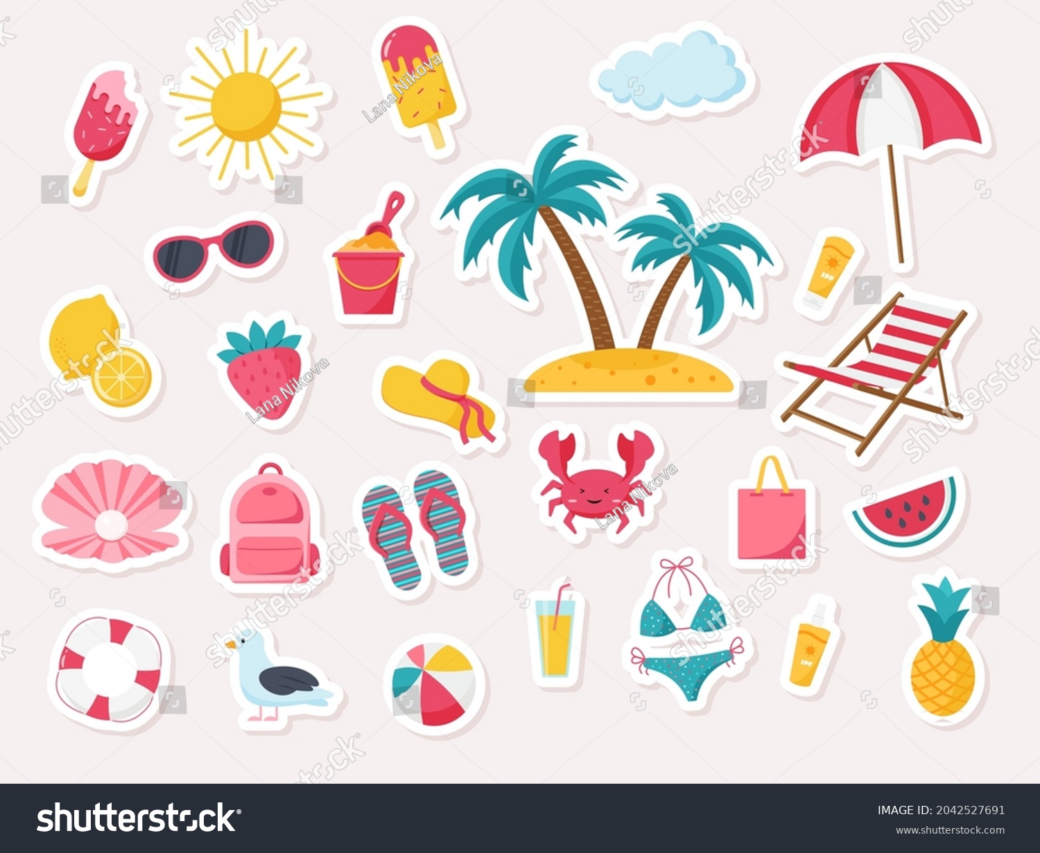 Set Cute Vector Summer Stickers Beach Stock Vector (Royalty Free ...