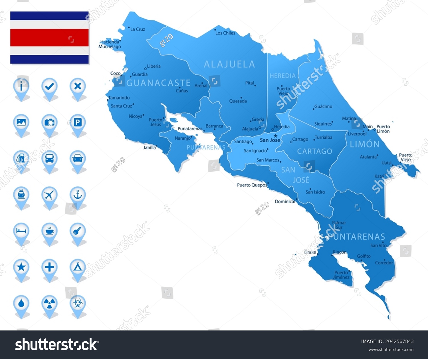 Blue Map Costa Rica Administrative Divisions Stock Vector Royalty Free 2042567843 Shutterstock 0030