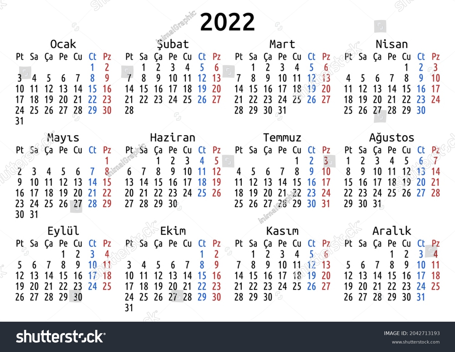 2022 Calendar Turkish Turkey Vector Compact Stock Vector (Royalty Free ...