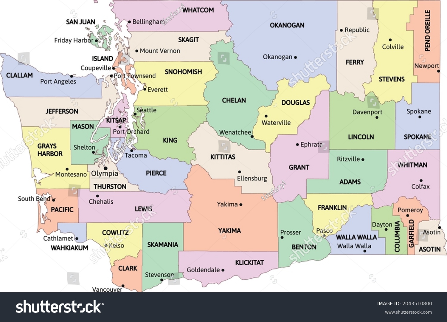 Washington State Administrative Map Counties Seats Stock Vector ...