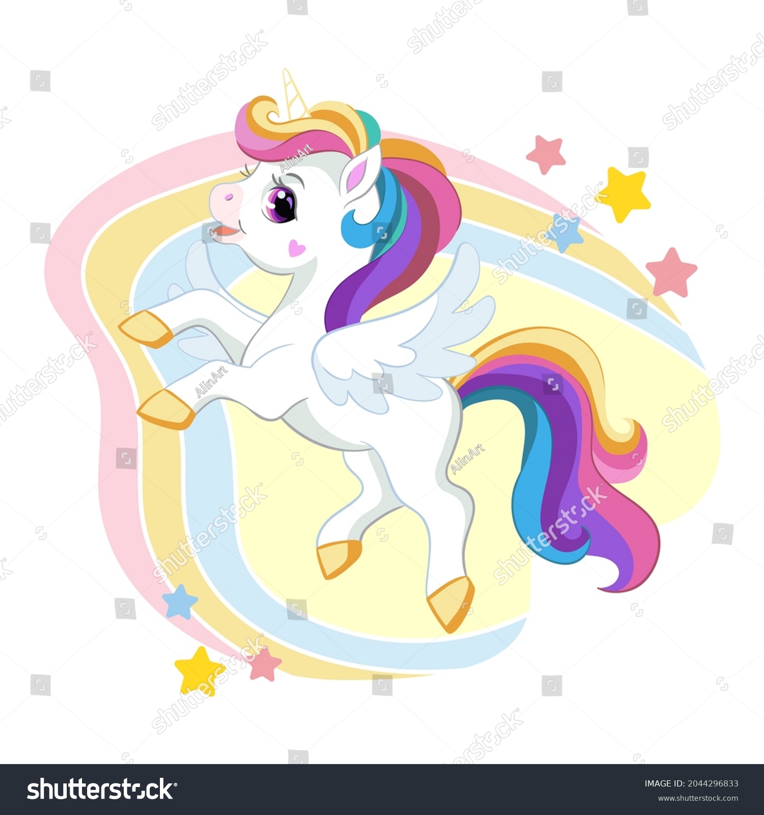 Cute Cartoon Unicorn Long Mane Wings Stock Vector (Royalty Free ...