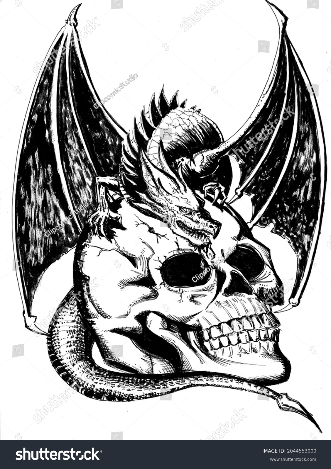 Skull Drawing Dragon Black Ink Stock Illustration 2044553000 Shutterstock