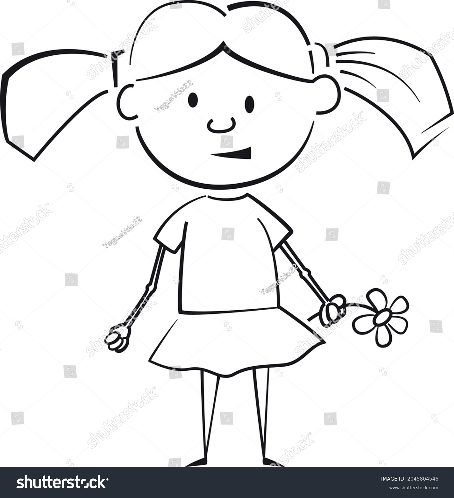 Childrens Drawing Girl Flower Vector Black Stock Vector (Royalty Free ...