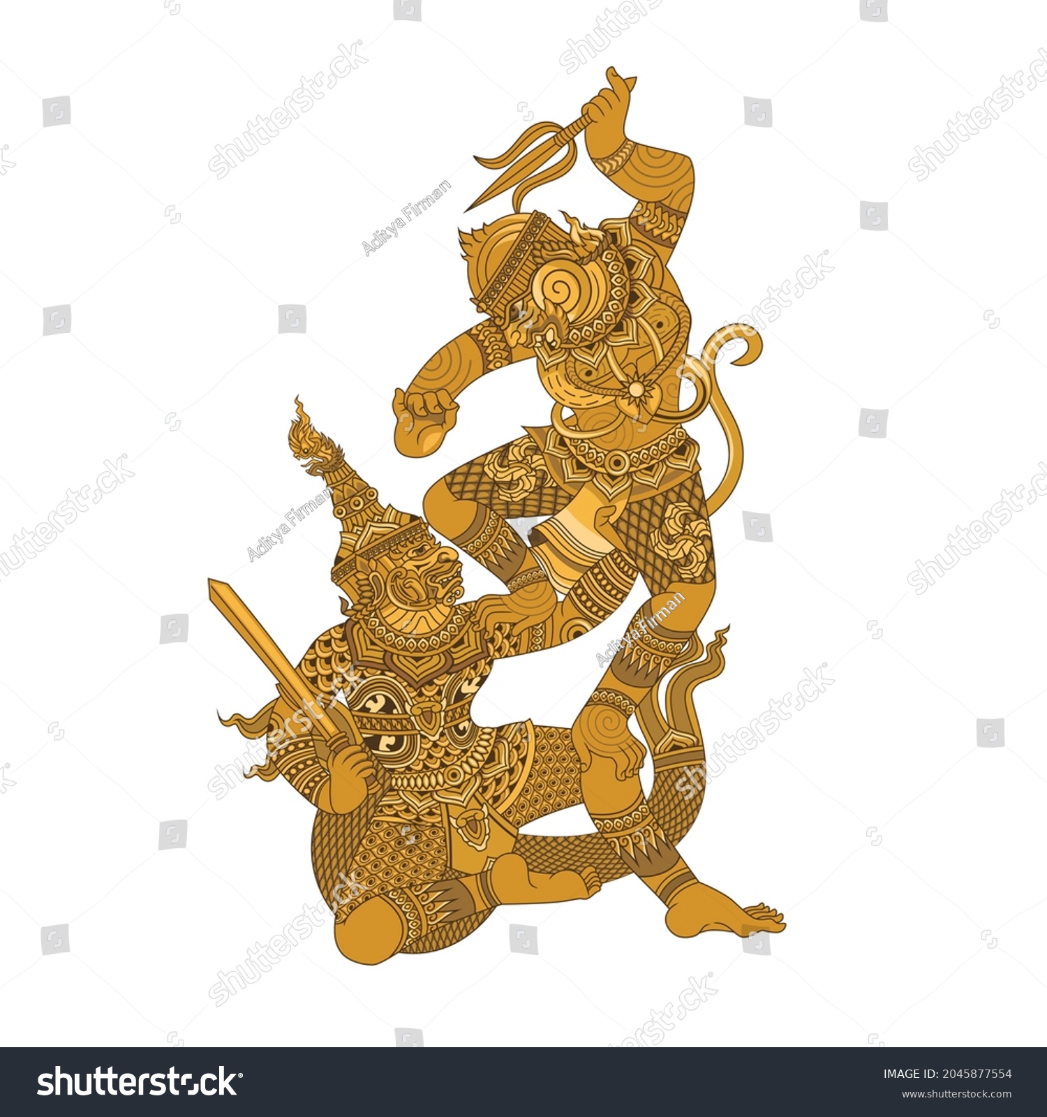 Vector Illustration Hanuman Fight Gold Hanuman Stock Vector (Royalty ...