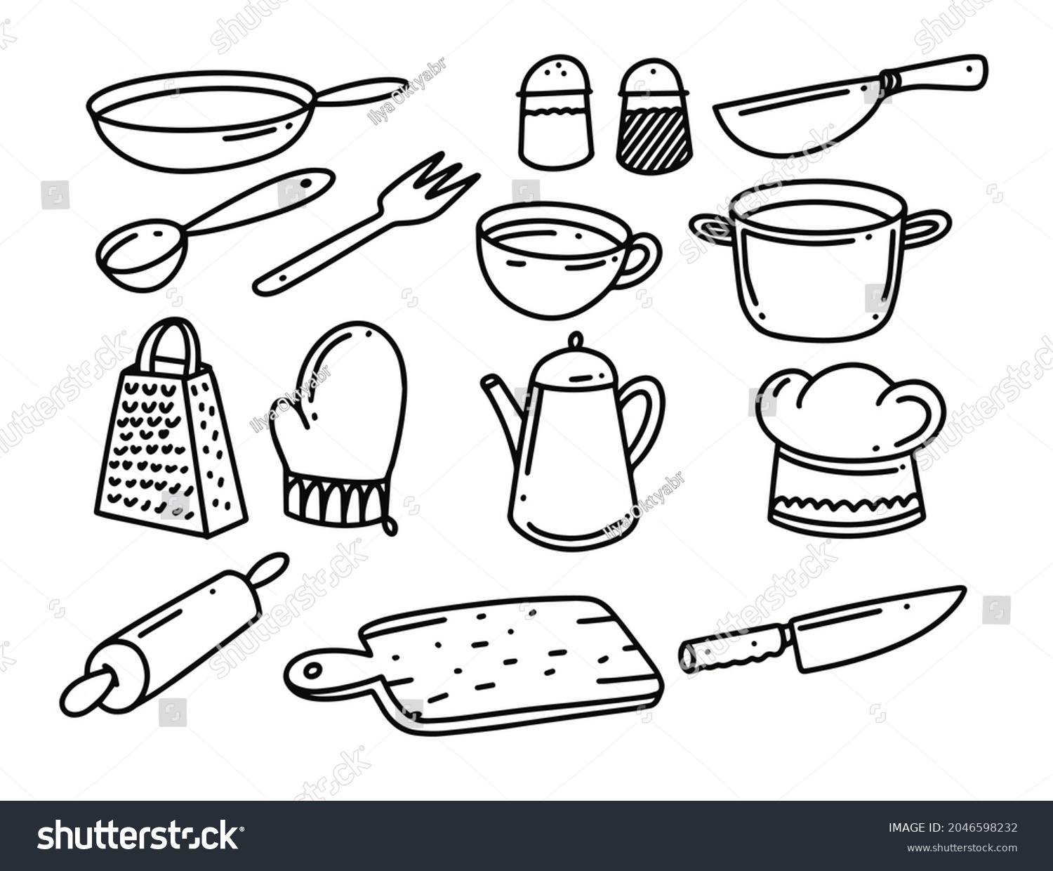 Kitchen Doodle Tools Elements Set Black Stock Vector (Royalty Free ...