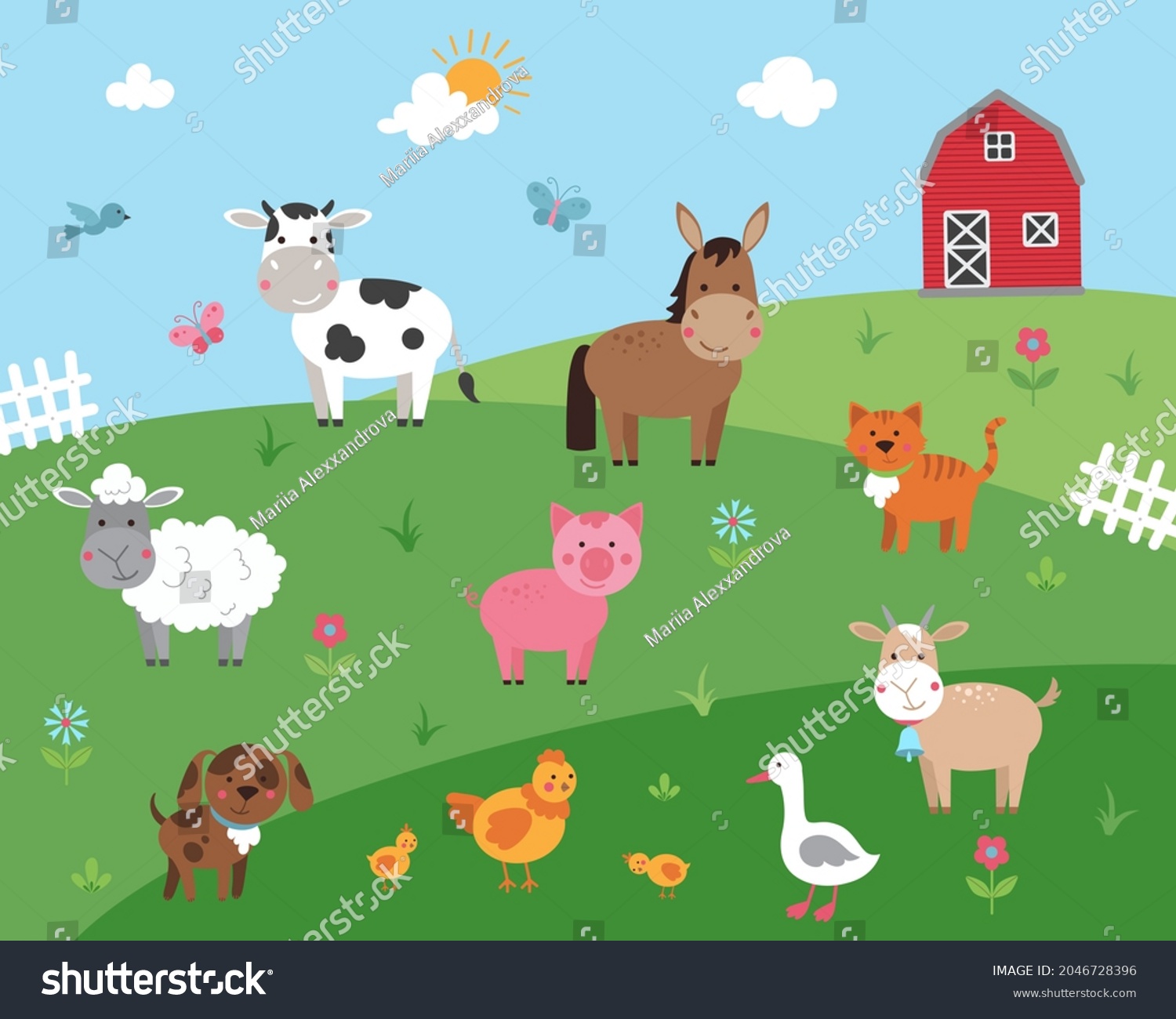 Cartoon Illustration Rural Scene Farm Animals Stock Illustration ...