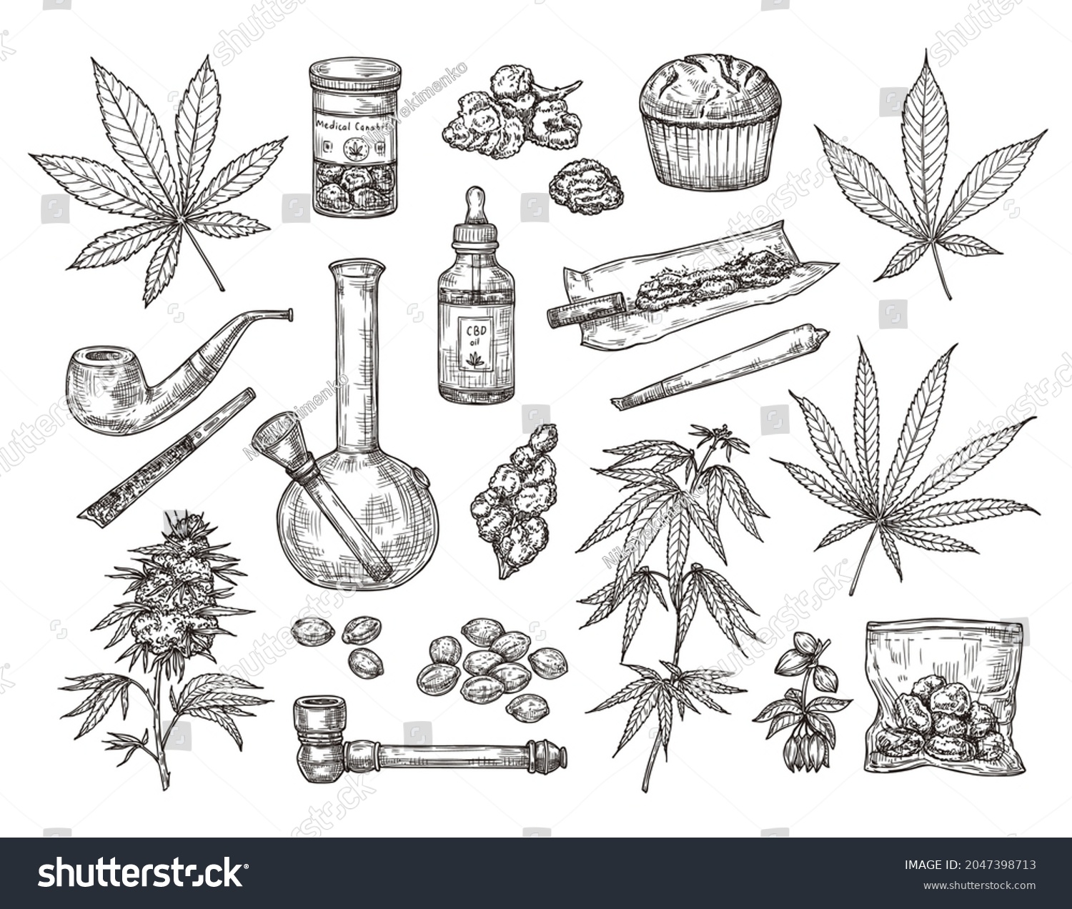 Sketch Set Vector Drawings Marijuana Cannabis Stock Vector (Royalty ...