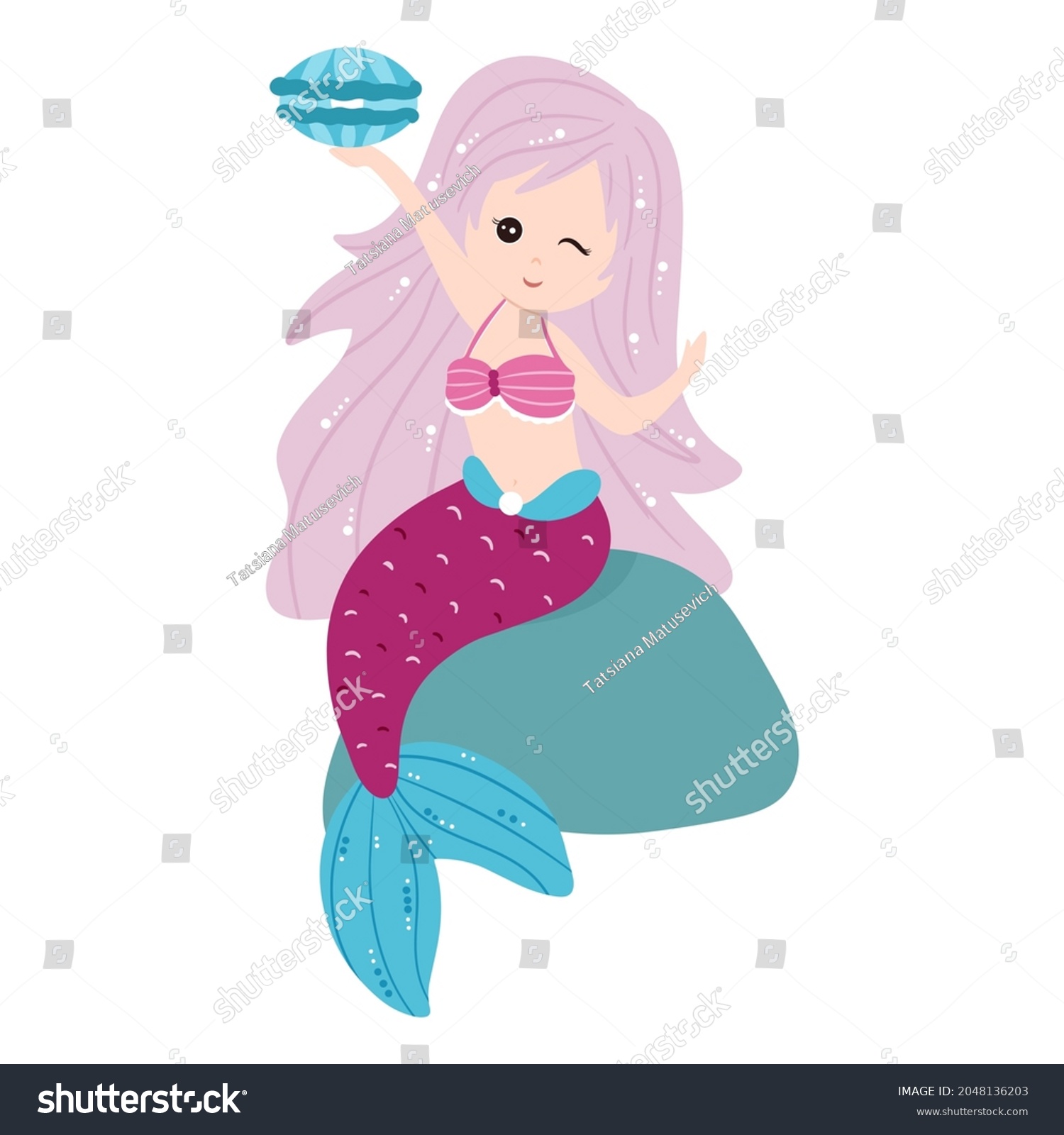 Cute Mermaid Long Hair Vector Illustration Stock Vector (Royalty Free ...