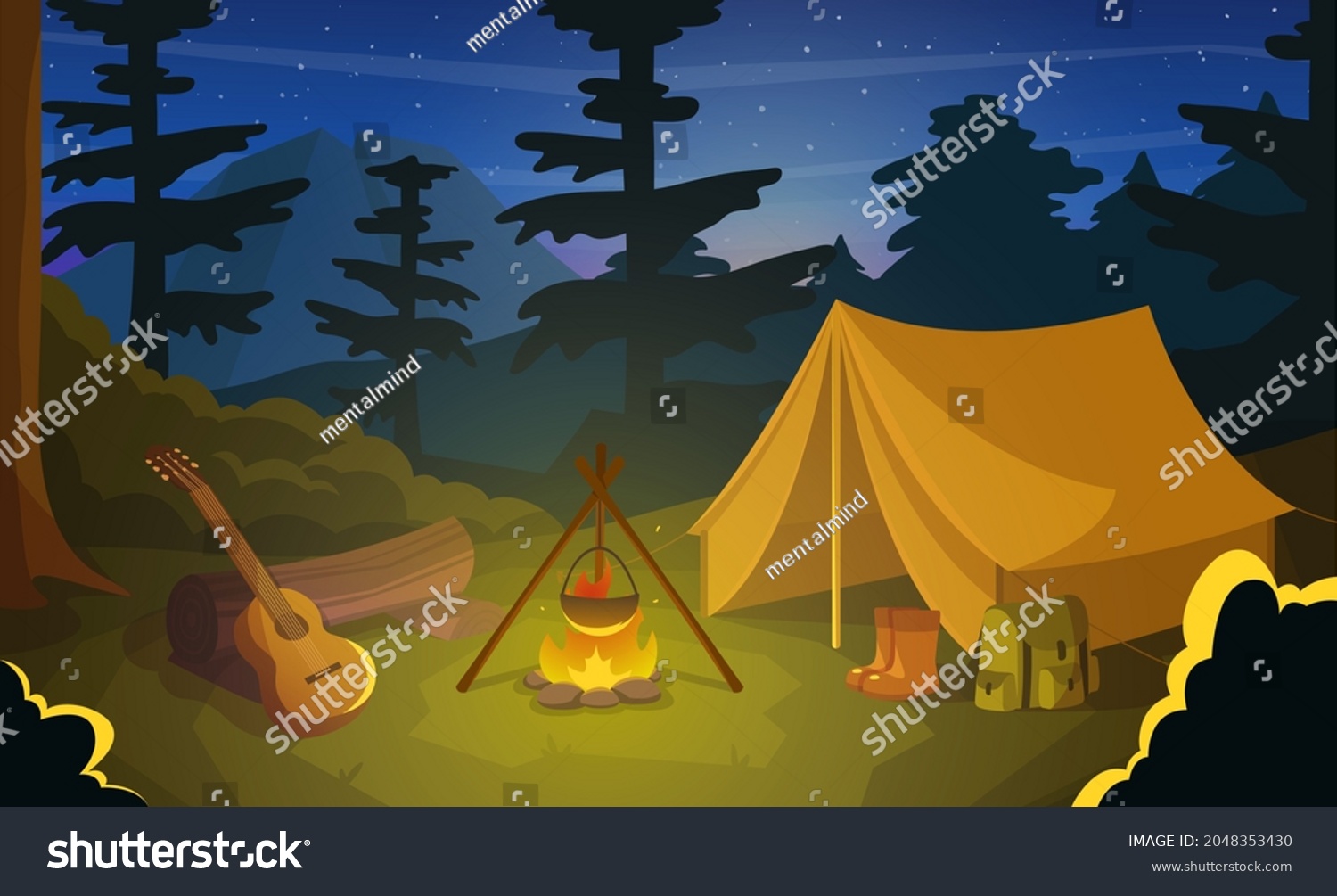 Summer Camp Tent Fire Guitar Night Stock Vector (Royalty Free ...