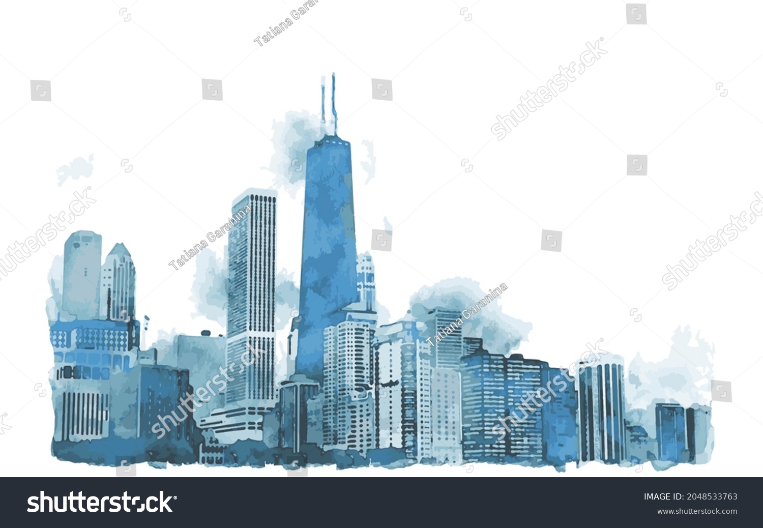 Chicago City Skyline Silhouette Blue Watercolor Stock Vector (Royalty ...