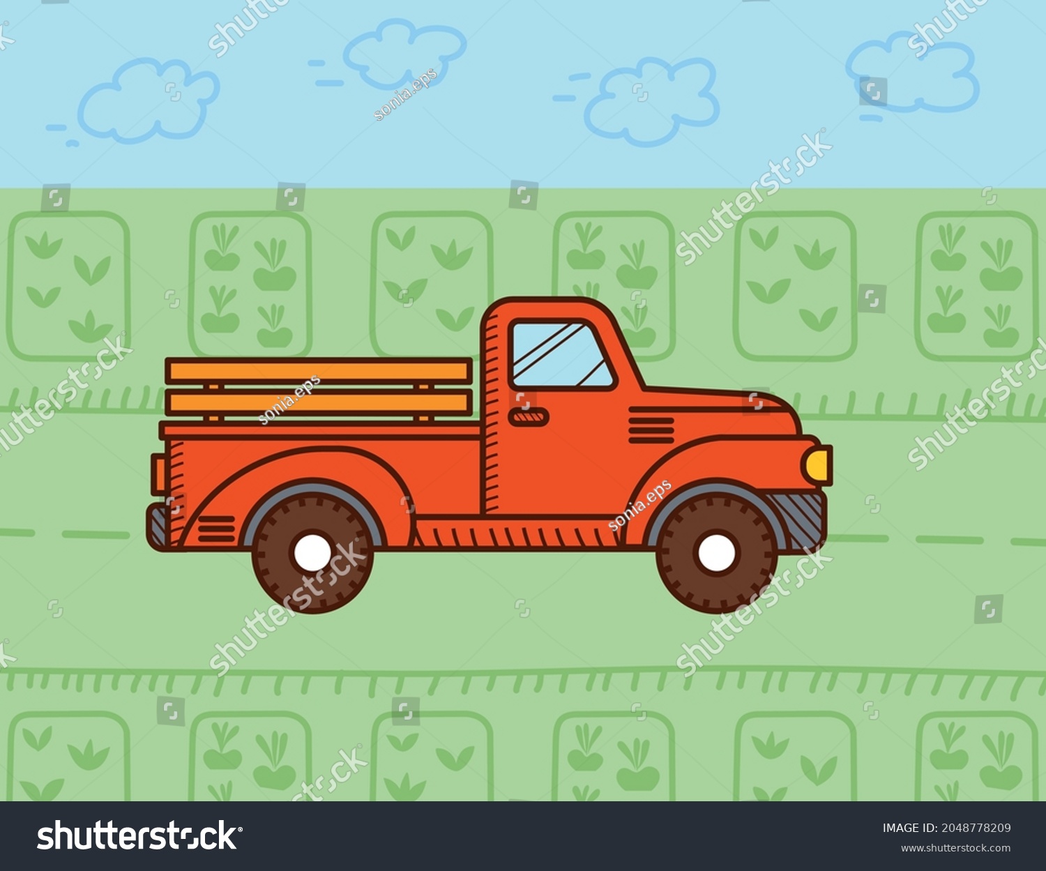 Retro Red Pickup Truck Farm Road Stock Vector (Royalty Free) 2048778209 ...