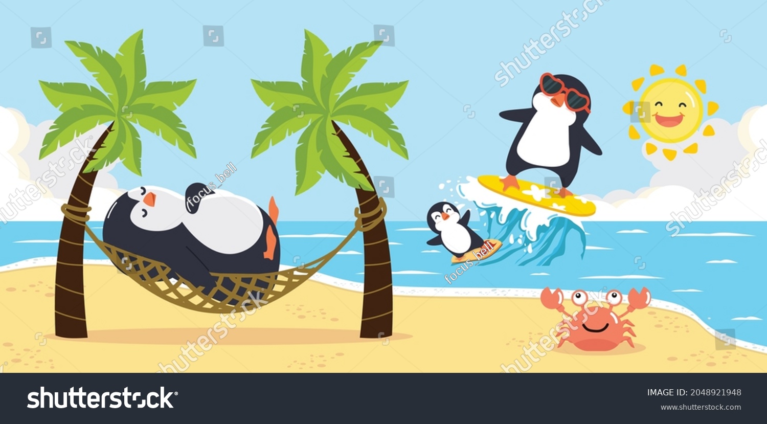 Cute Penguin Relaxed Summer Beach Background Stock Vector (Royalty Free ...