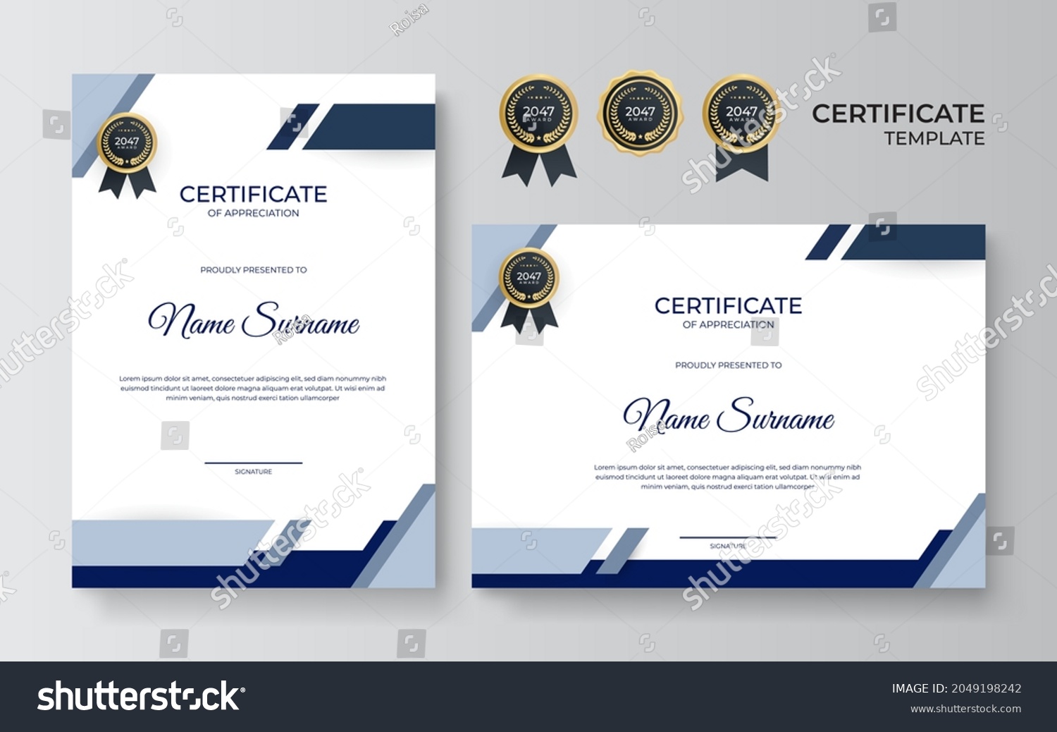 Certificate Appreciation Template Gold Blue Color Stock Vector (Royalty ...