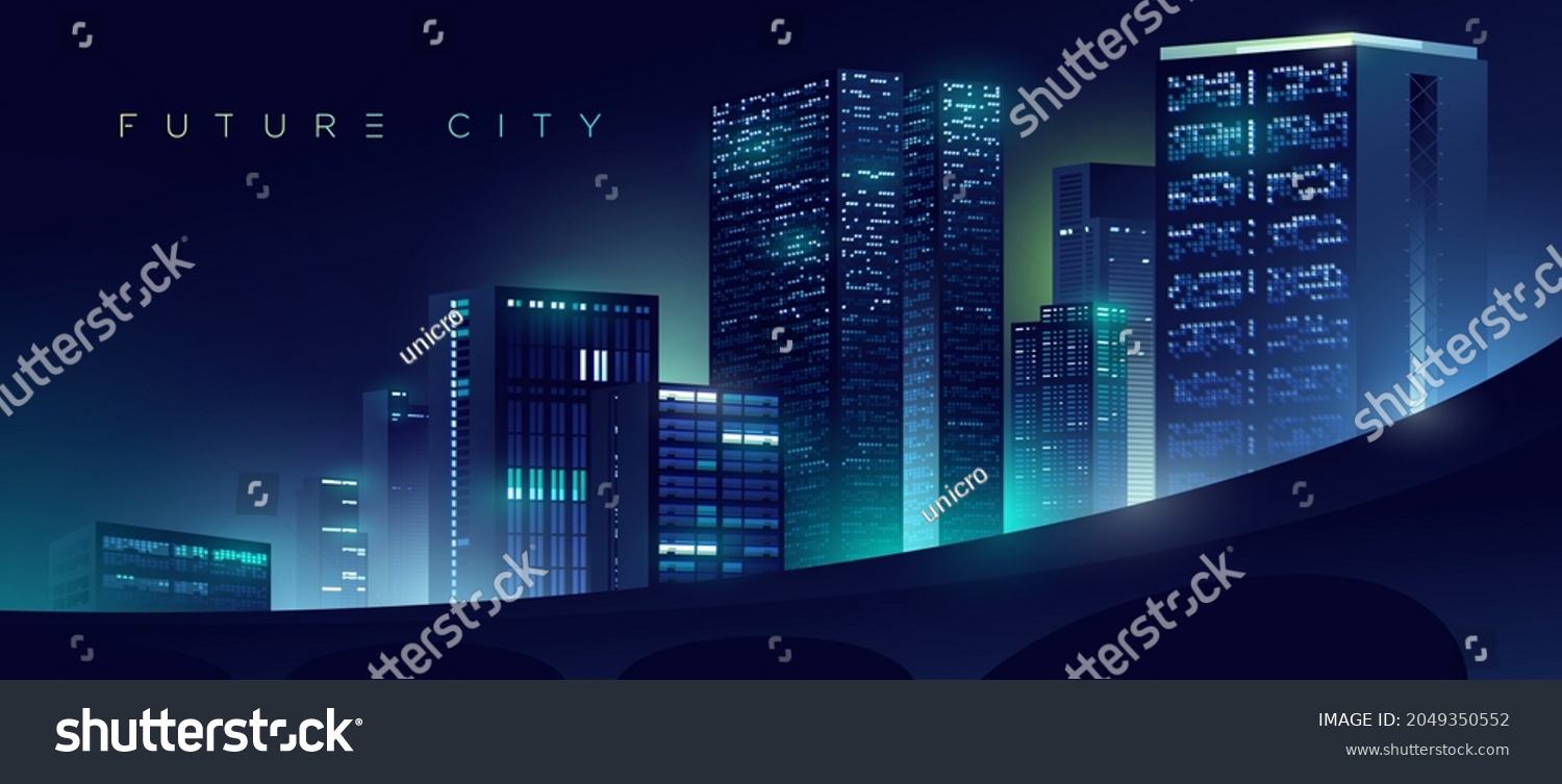 未来的晚上城市 日落背景上的城市景观与明亮而发光的霓虹灯紫色和蓝色灯光 赛博朋克和复古波浪风格插图 库存矢量图 免版税 Shutterstock