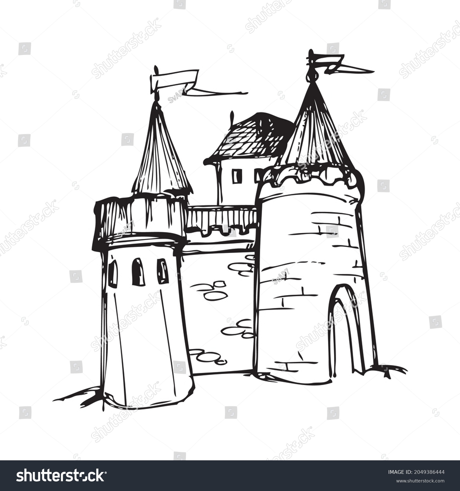 Fantasy Tower Castle Doodle Style Linear Stock Vector (Royalty Free ...