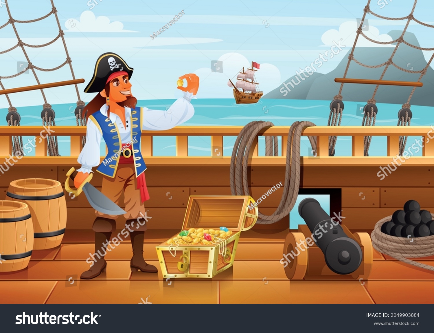 Pirate Stands On Deck Taking Out Stock Vector (Royalty Free) 2049903884 ...