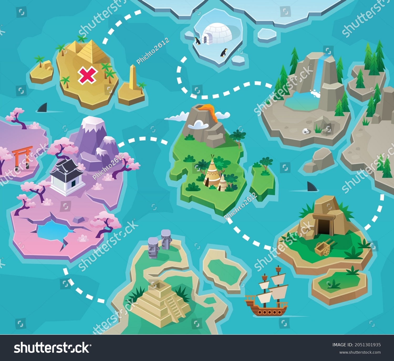 42 Kids World Map With North Pole Images Stock Photos Vectors   Stock Vector Game Map Pirate Treasure Maps For Children Island Vector Background For Game Interface 2051301935 