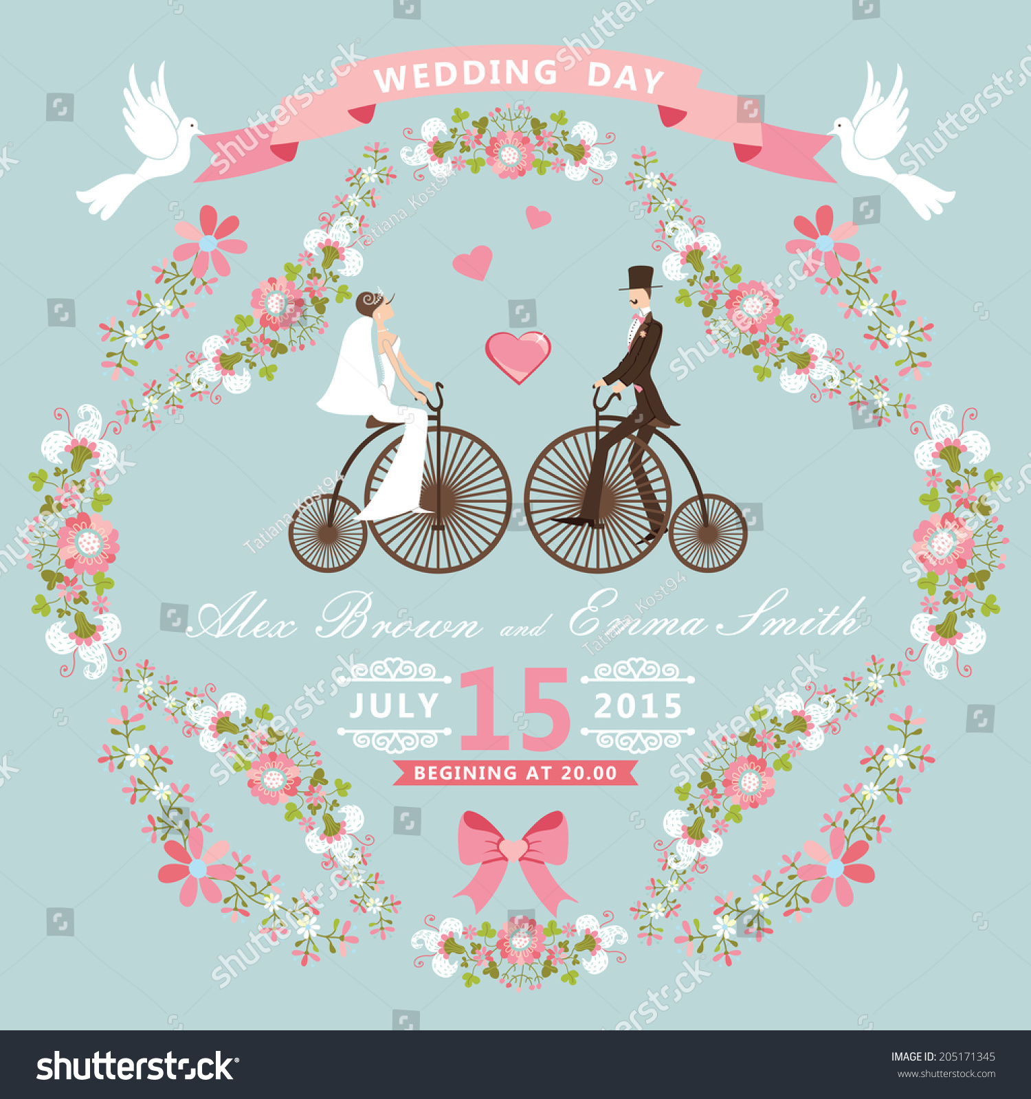 Cute Wedding Invitation Floral Framecartoon Bride Stock Vector Royalty Free 205171345 4699