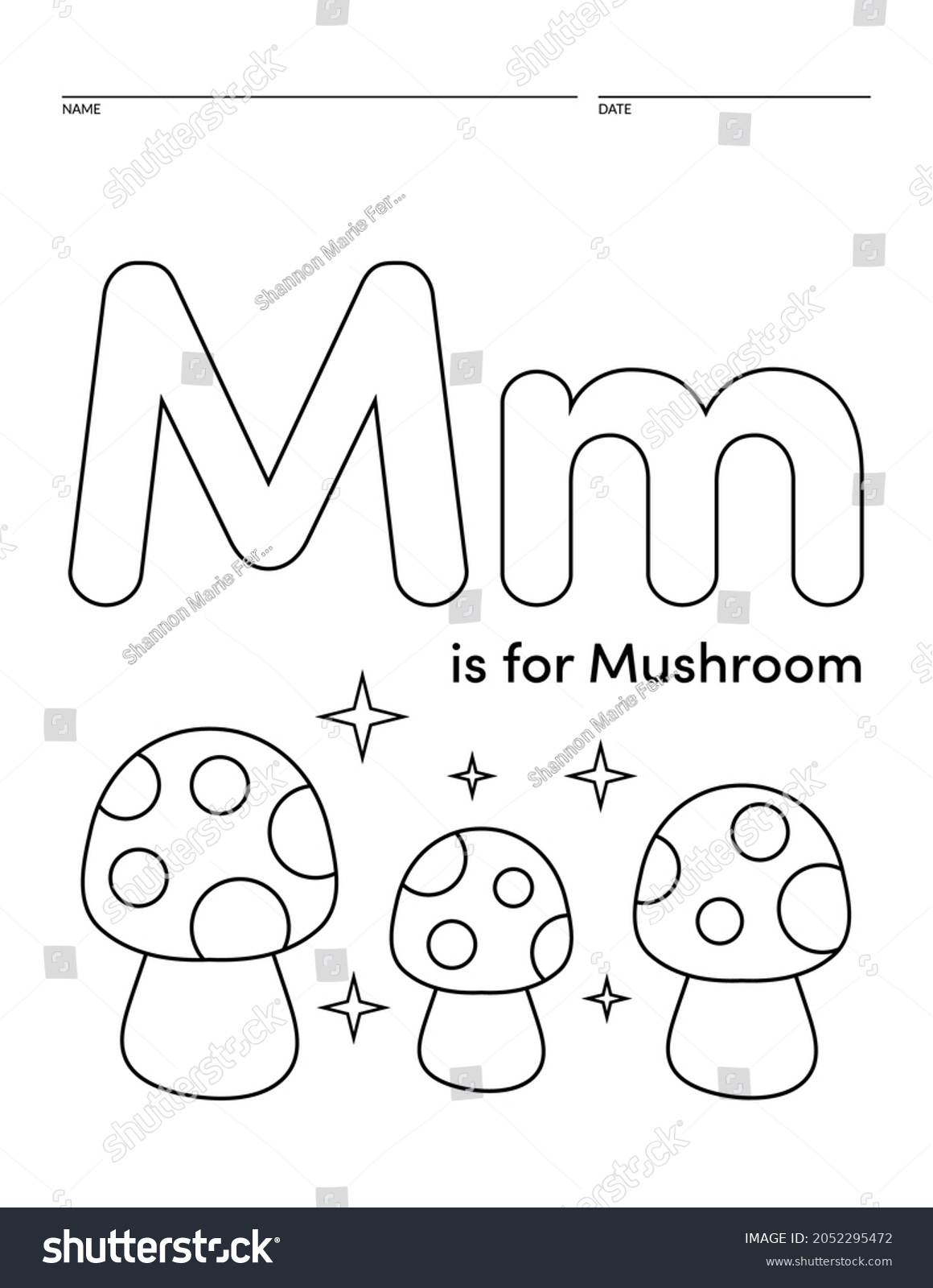 Letter M Mushroom Alphabet Learning Worksheet Stock Vector (Royalty ...