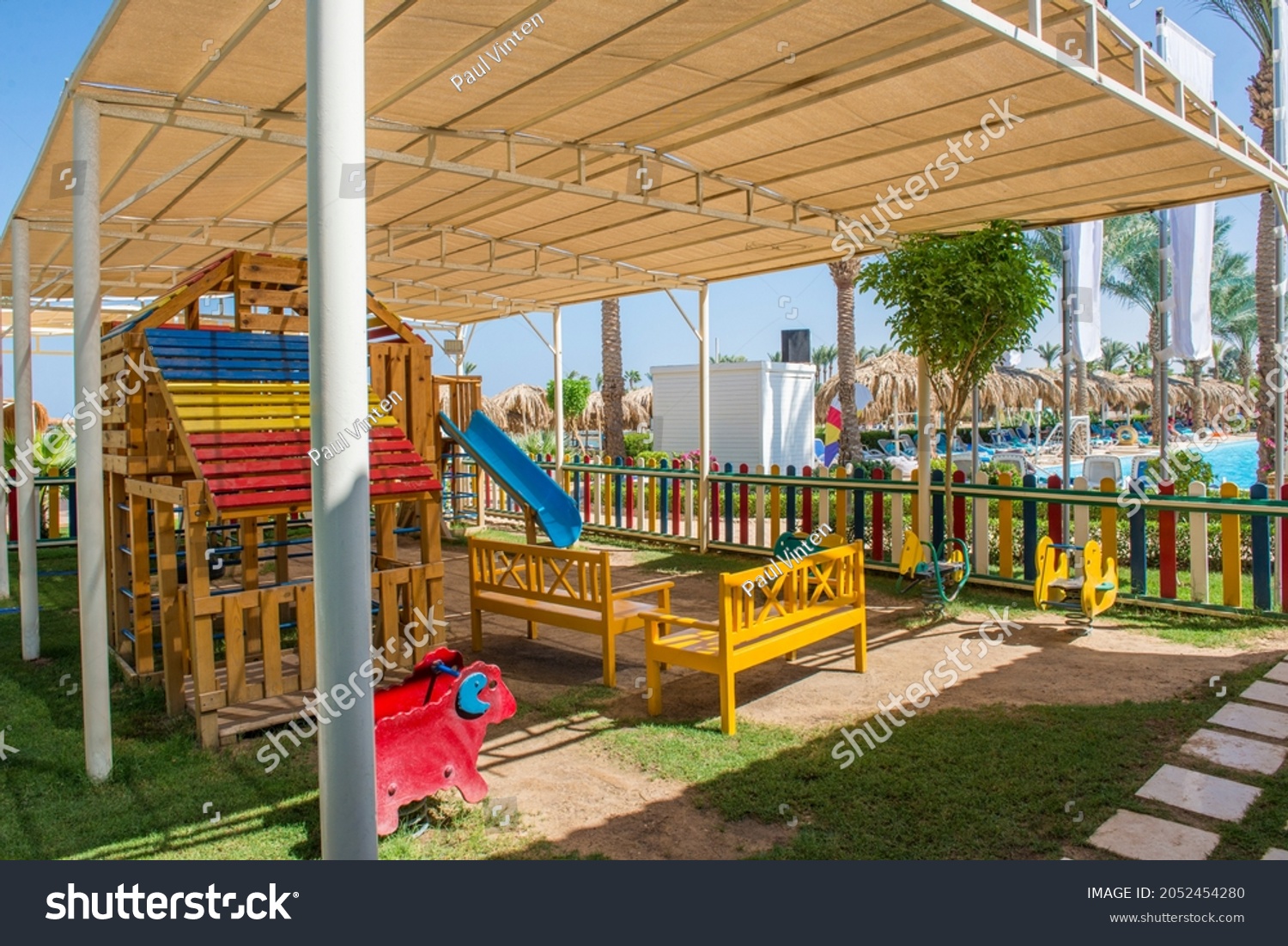 Large Wooden Climbing Frame Structure Childrens Stock Photo 2052454280   Stock Photo Large Wooden Climbing Frame Structure In Children S Playground Area Of Luxury Hotel 2052454280 