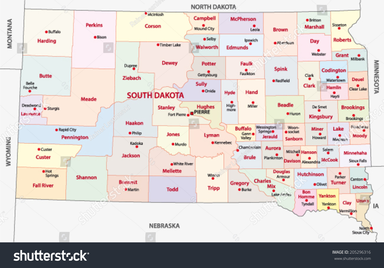 South Dakota Administrative Map Stock Vector (Royalty Free) 205296316