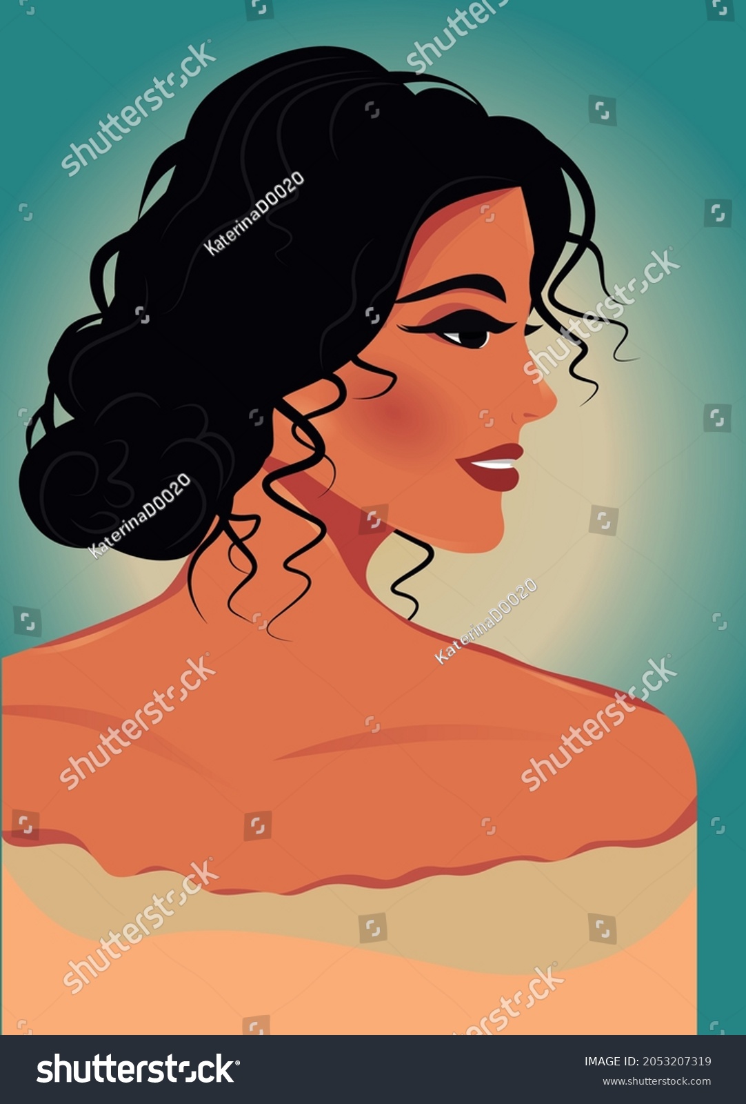 Digital Illustration Portrait Bright Beautiful Girl Stock Vector